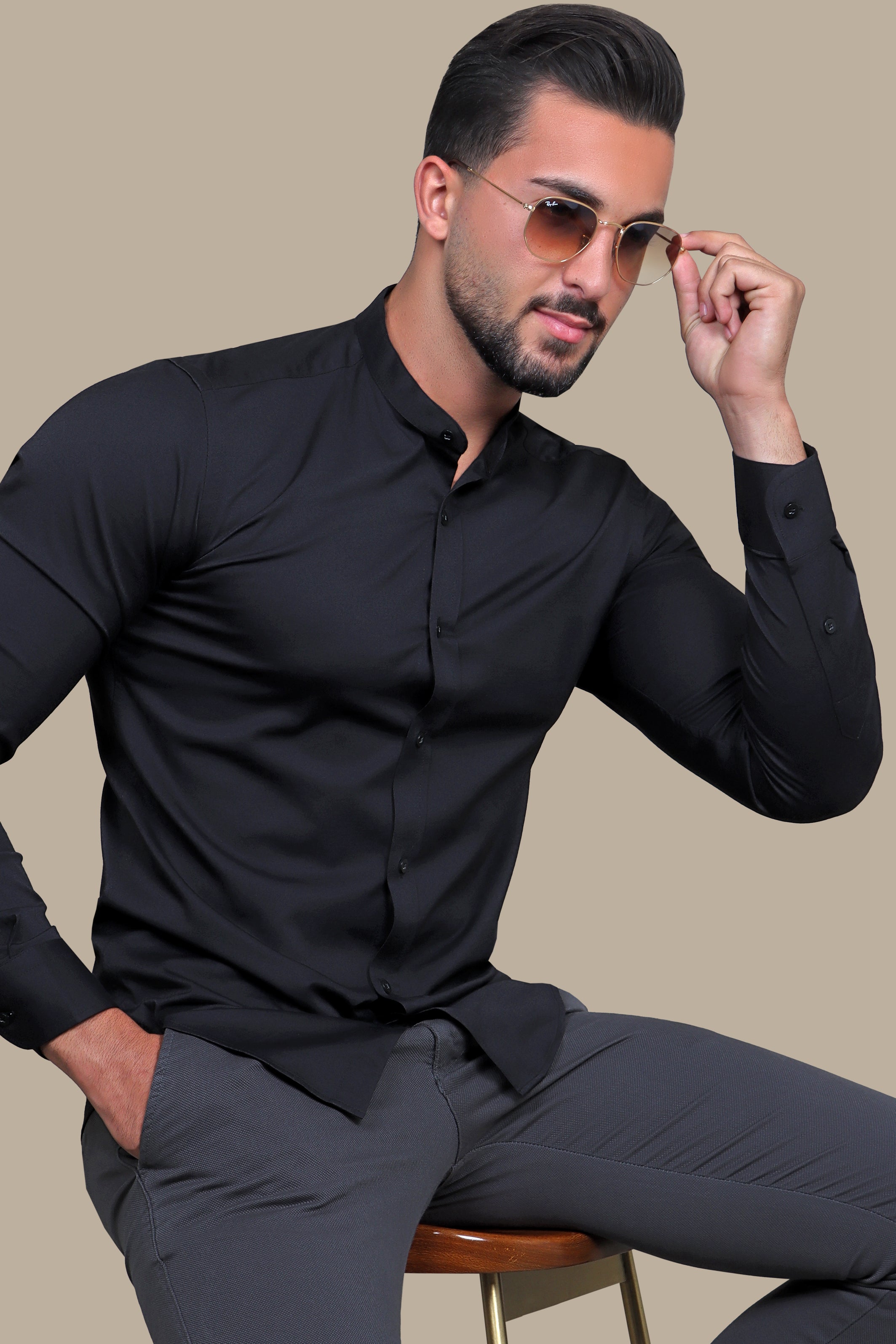 Urban Chic: Black Lycra Mao Collar Casual Shirt