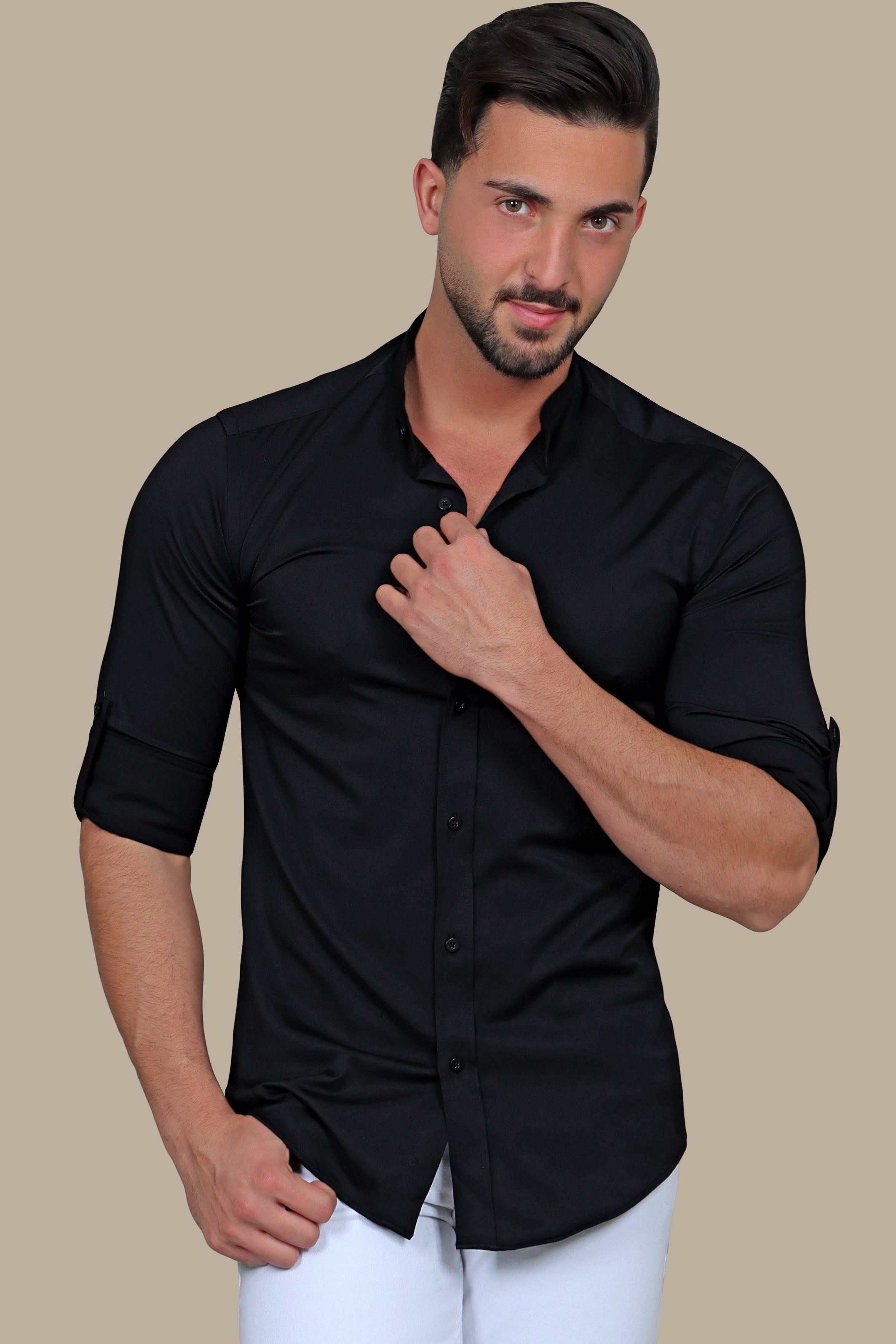 Urban Chic: Black Lycra Mao Collar Casual Shirt