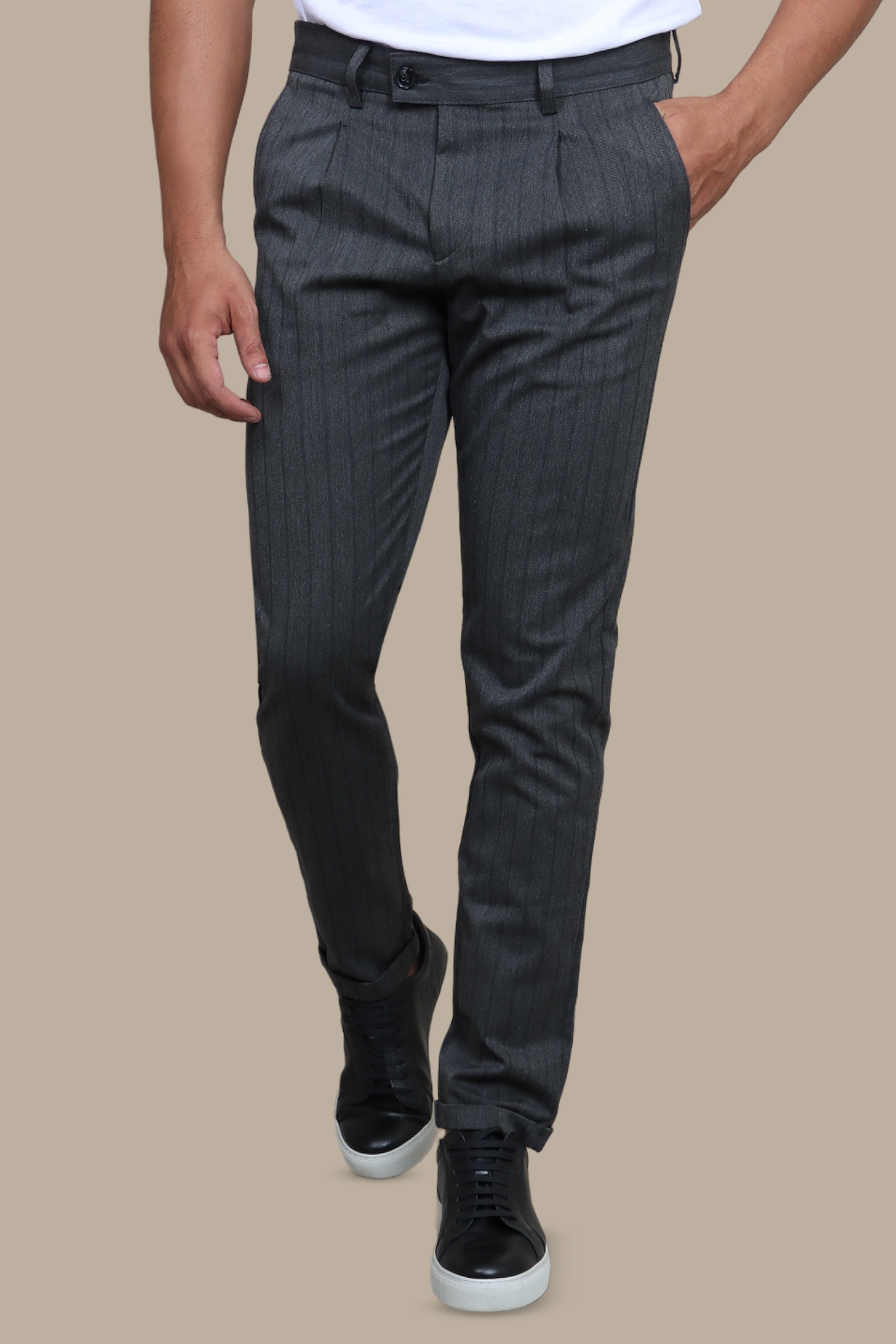 Dark Gray Striped Slim Fit Trousers