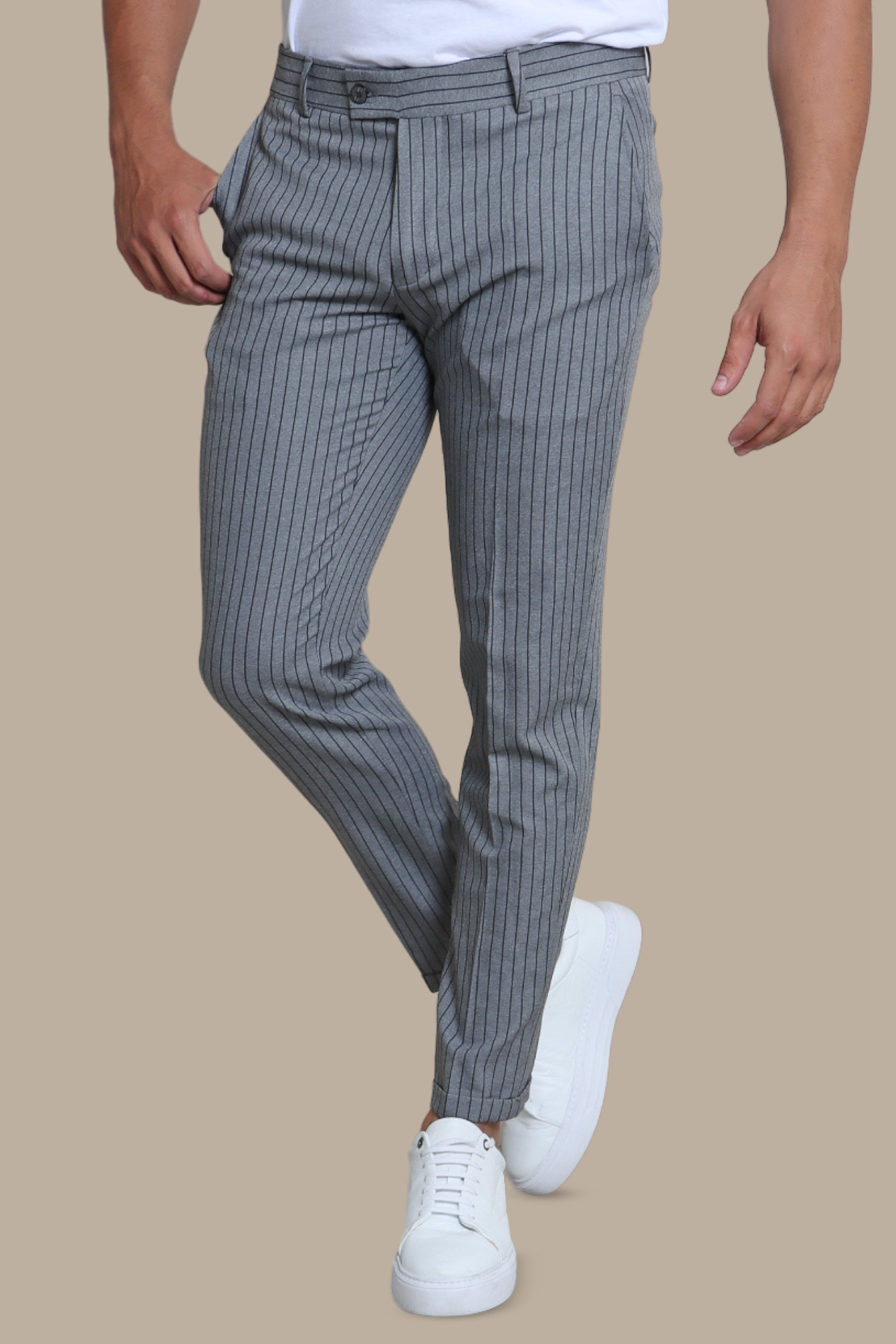 Light Gray Striped Slim Fit Trousers