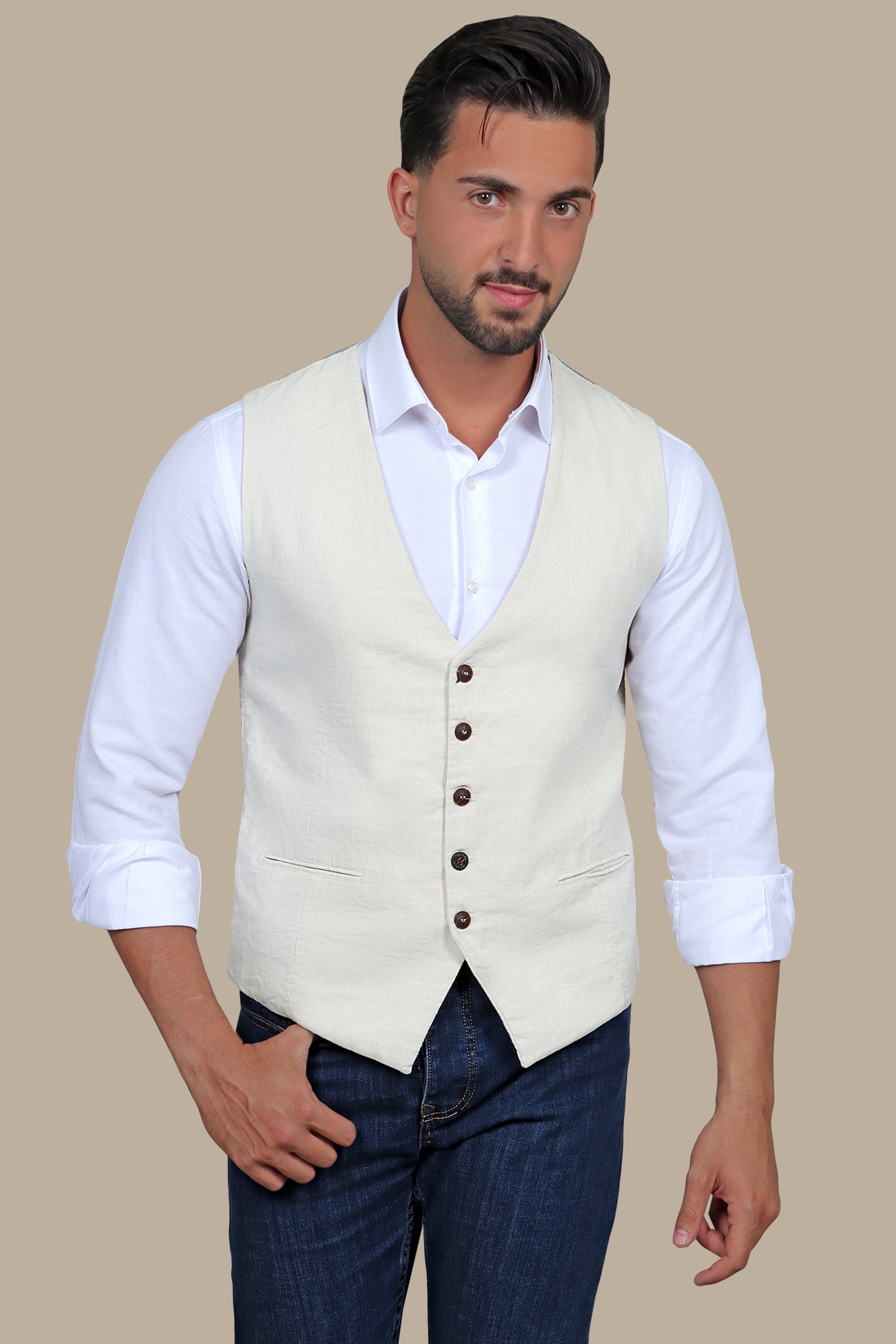 Beige Linen Vest with Subtle Stripes