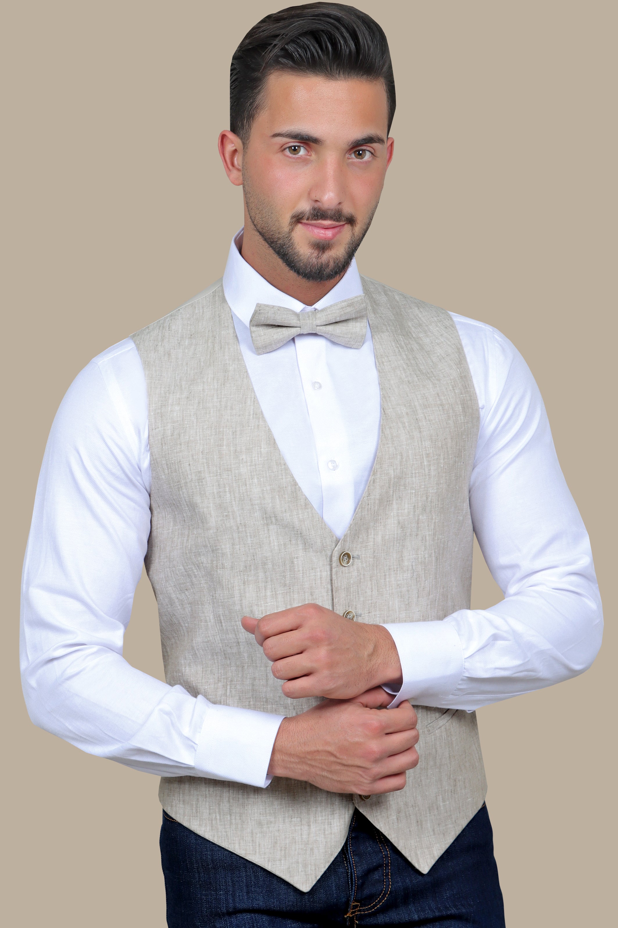 Effortless Sophistication: Beige Linen V-Neck Vest