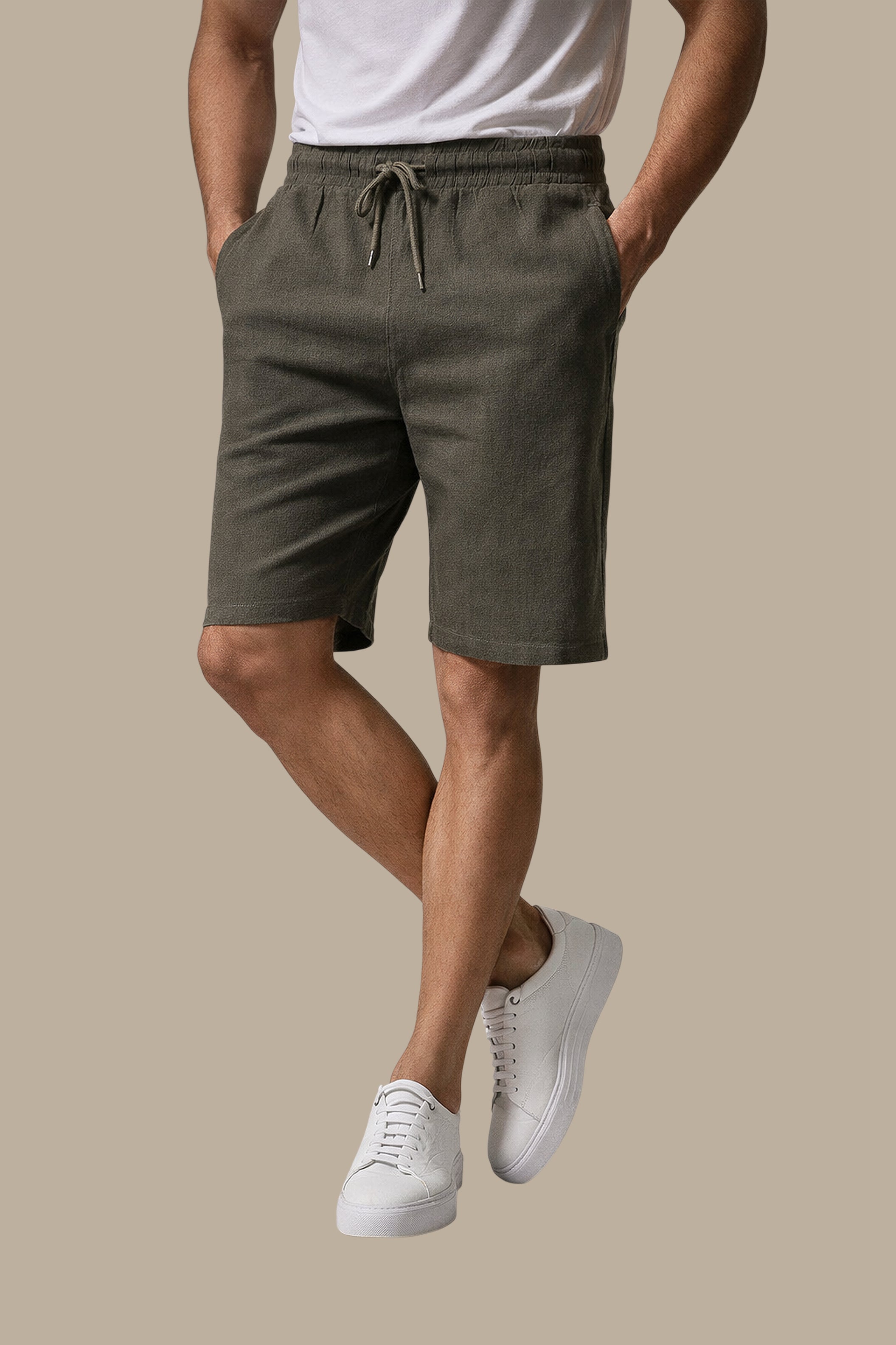 Khaki Basic Linen Shorts