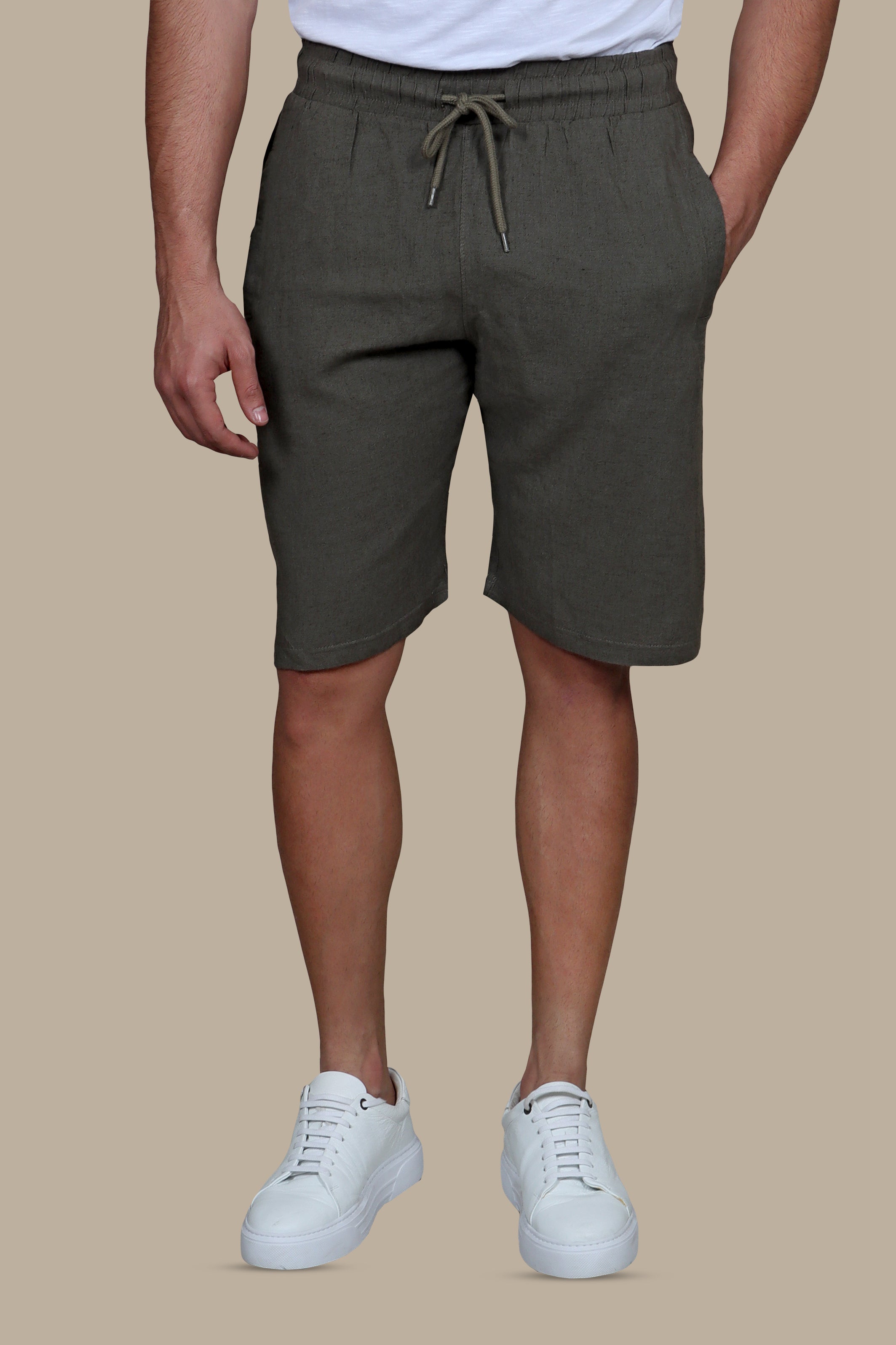 Khaki Basic Linen Shorts