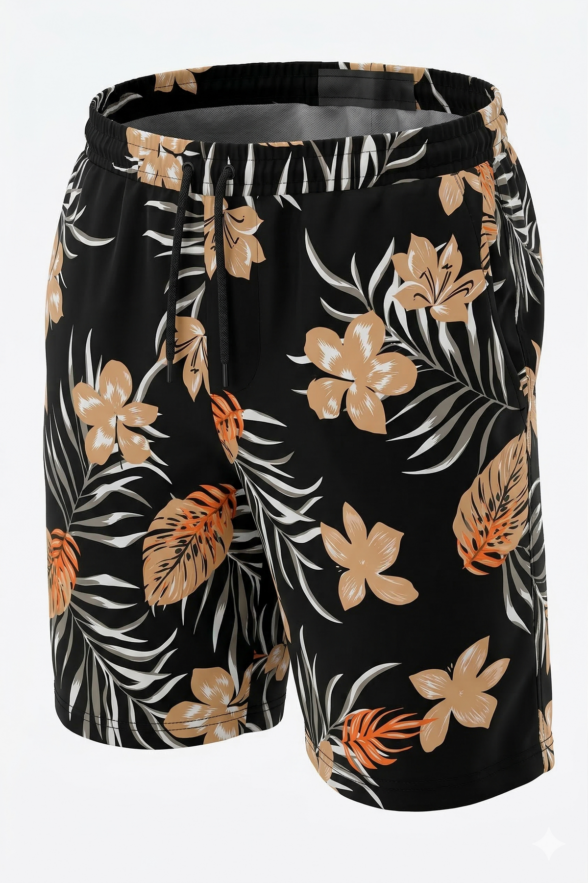 Earthy Vibes: Black Shorts with Beige Leaf Print