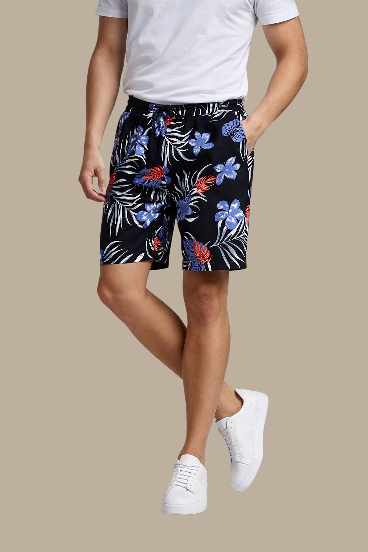 Midnight Foliage: Black Shorts with Blue Leaf Print
