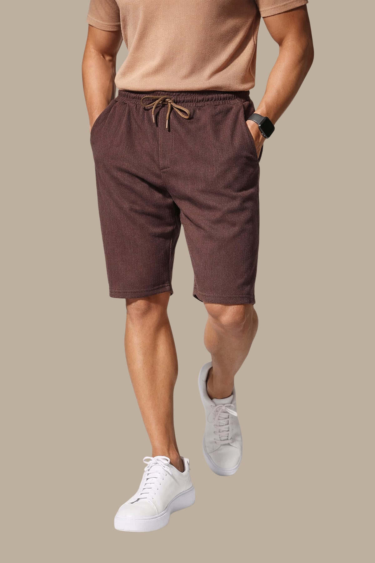 Structured Ribbed Shorts in Petrol Brown