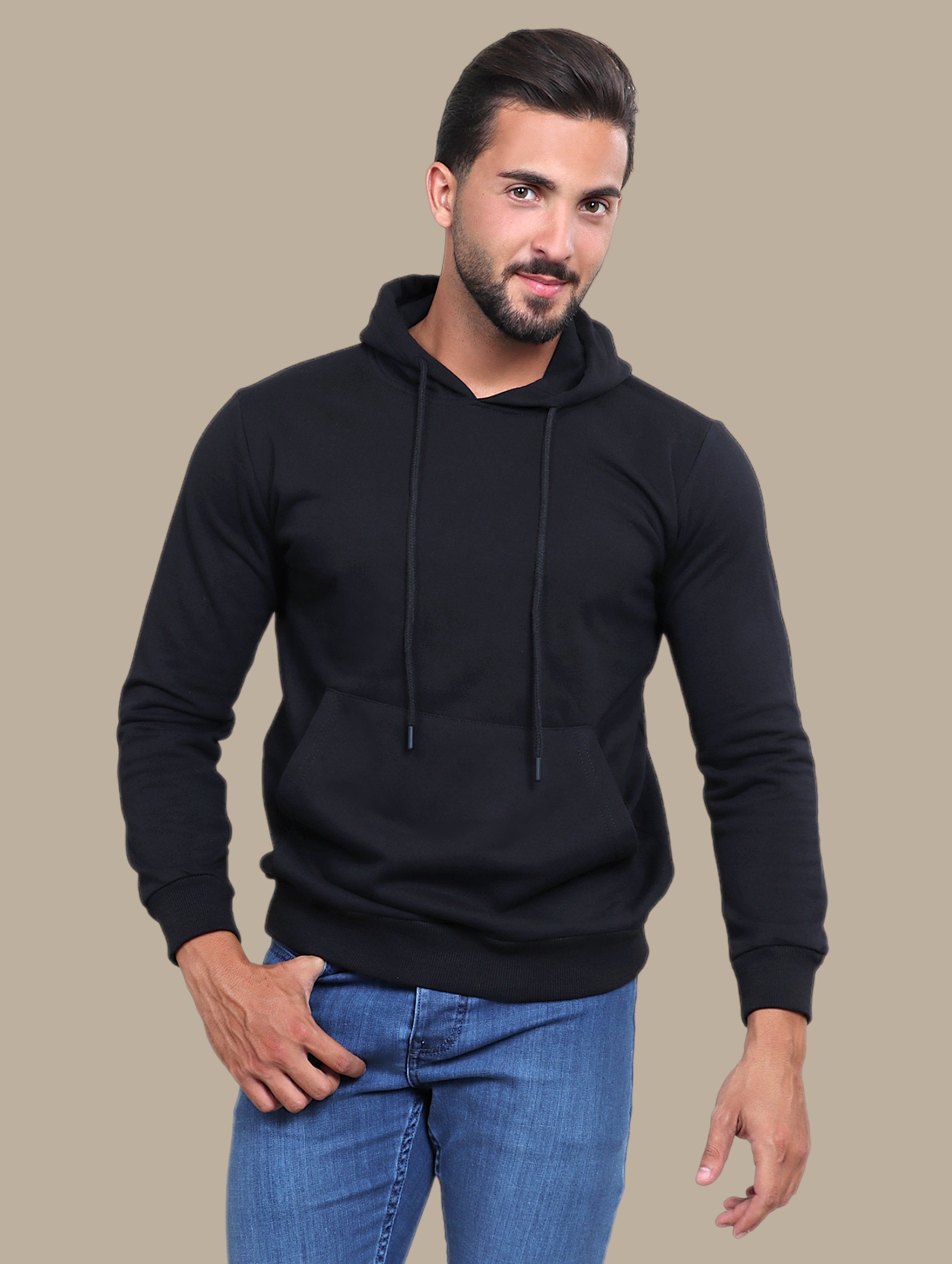 Onyx Comfort: Black Hooded Sweatshirt with Pockets