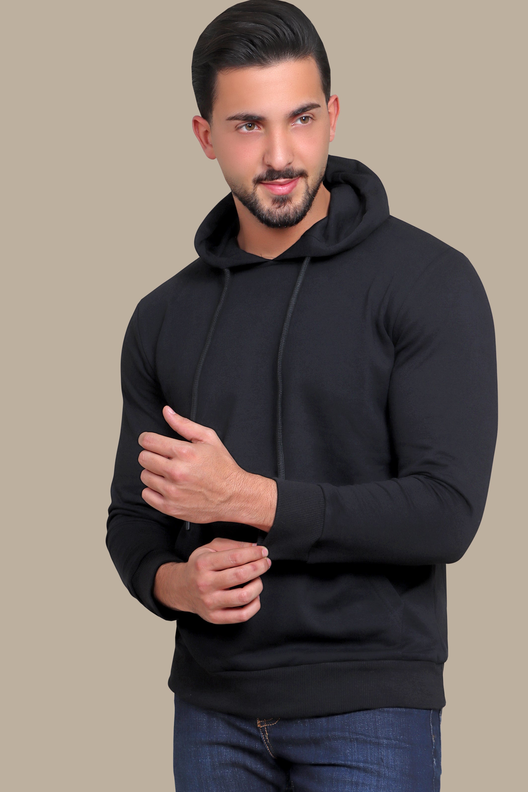 Onyx Comfort: Black Hooded Sweatshirt with Pockets