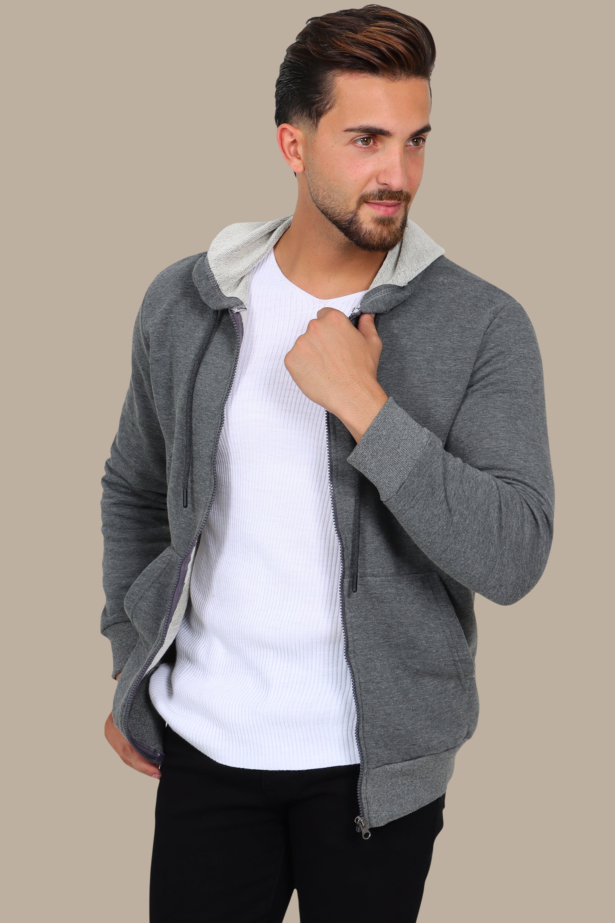 Urban Chic: Dark Grey Plain Basic Hoody Sweatshirt