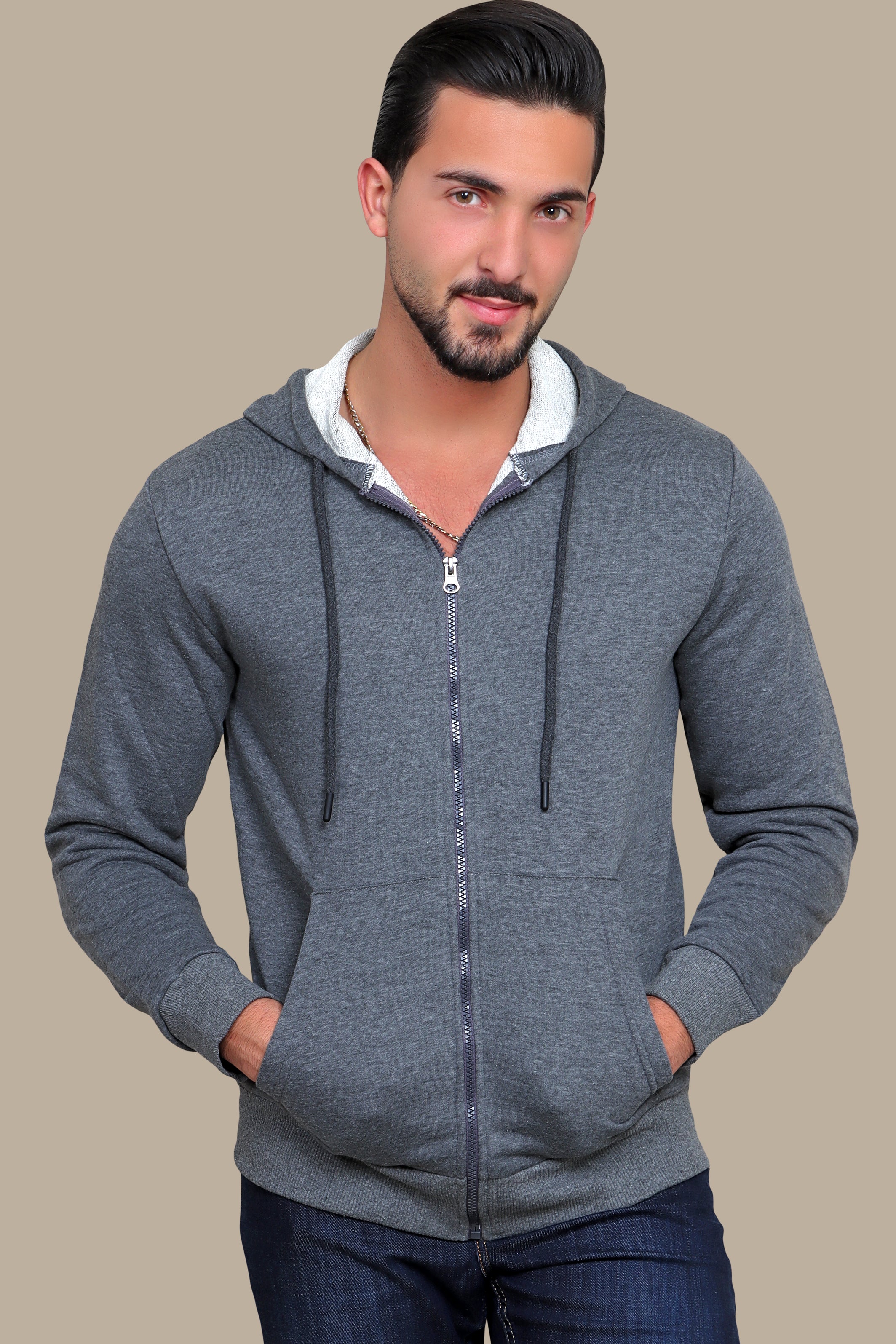 Urban Chic: Dark Grey Plain Basic Hoody Sweatshirt