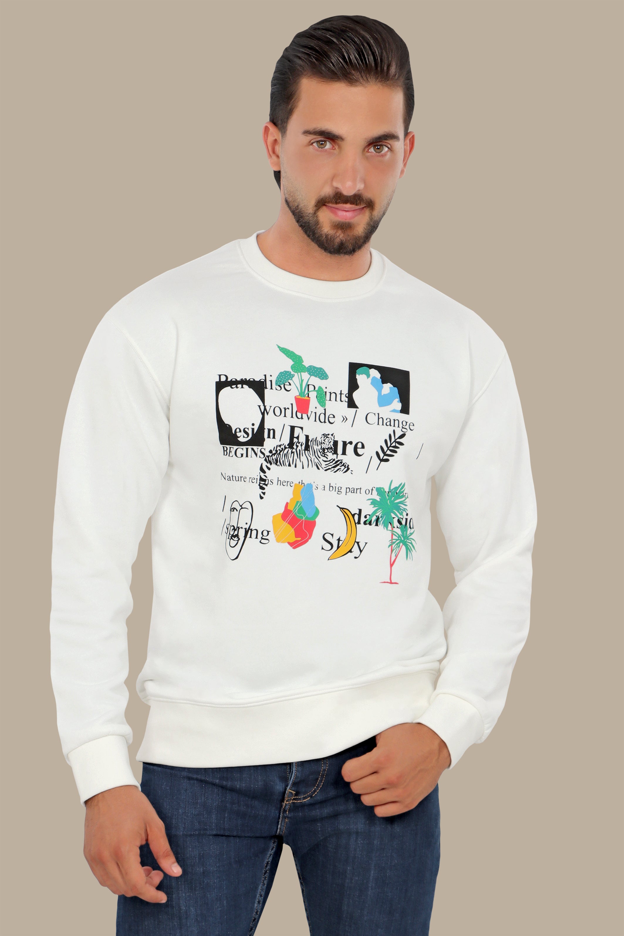 Graphic Appeal: White Sweatshirt with R Prints & Letters