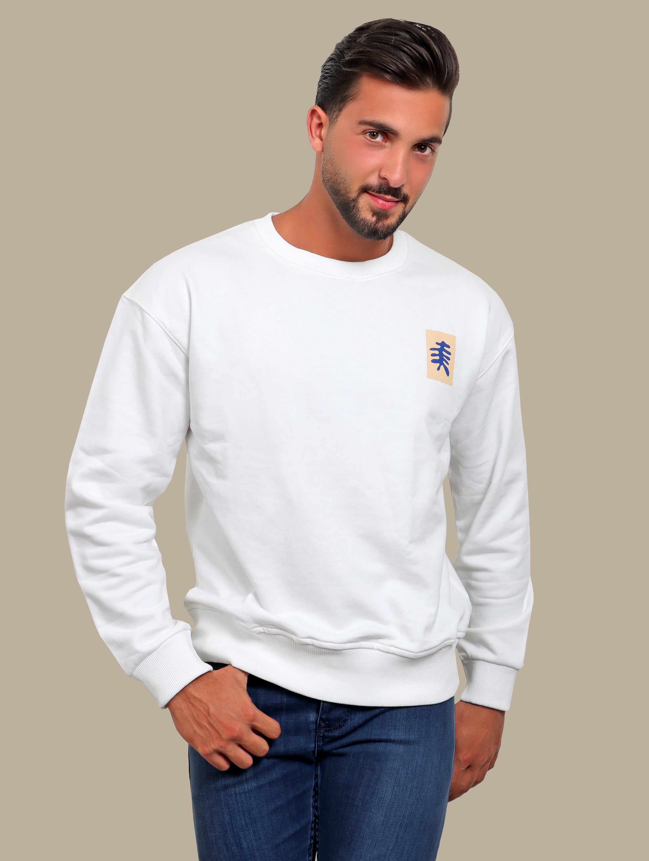 Whimsical Canvas: White Sweatshirt with Back Printed Faces