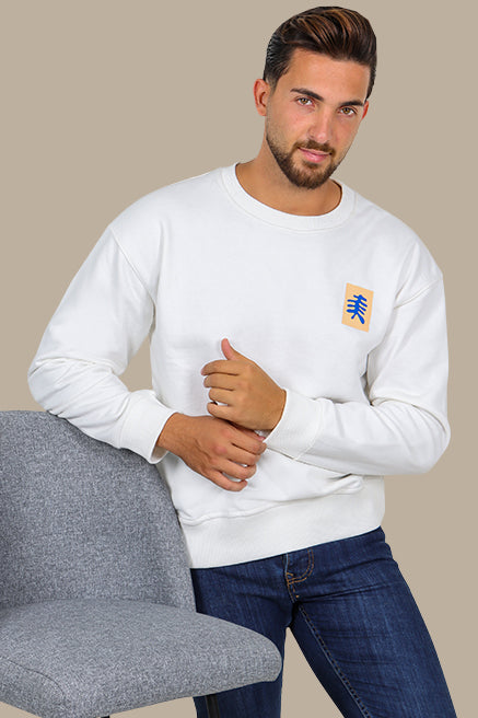 Whimsical Canvas: White Sweatshirt with Back Printed Faces