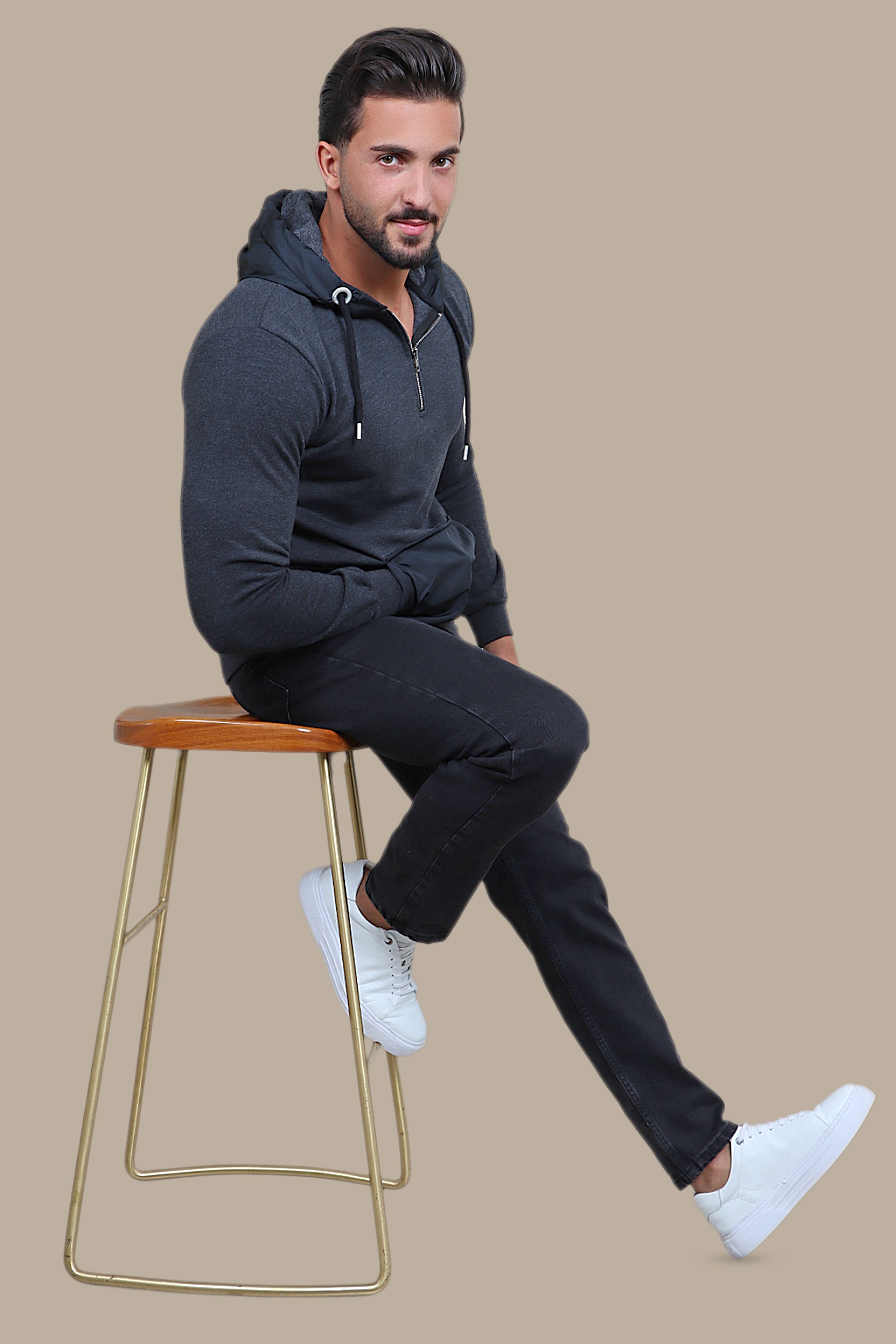Sensual Shadows: The Dark Gray Hooded Sensation in Luxe Mix Fabric