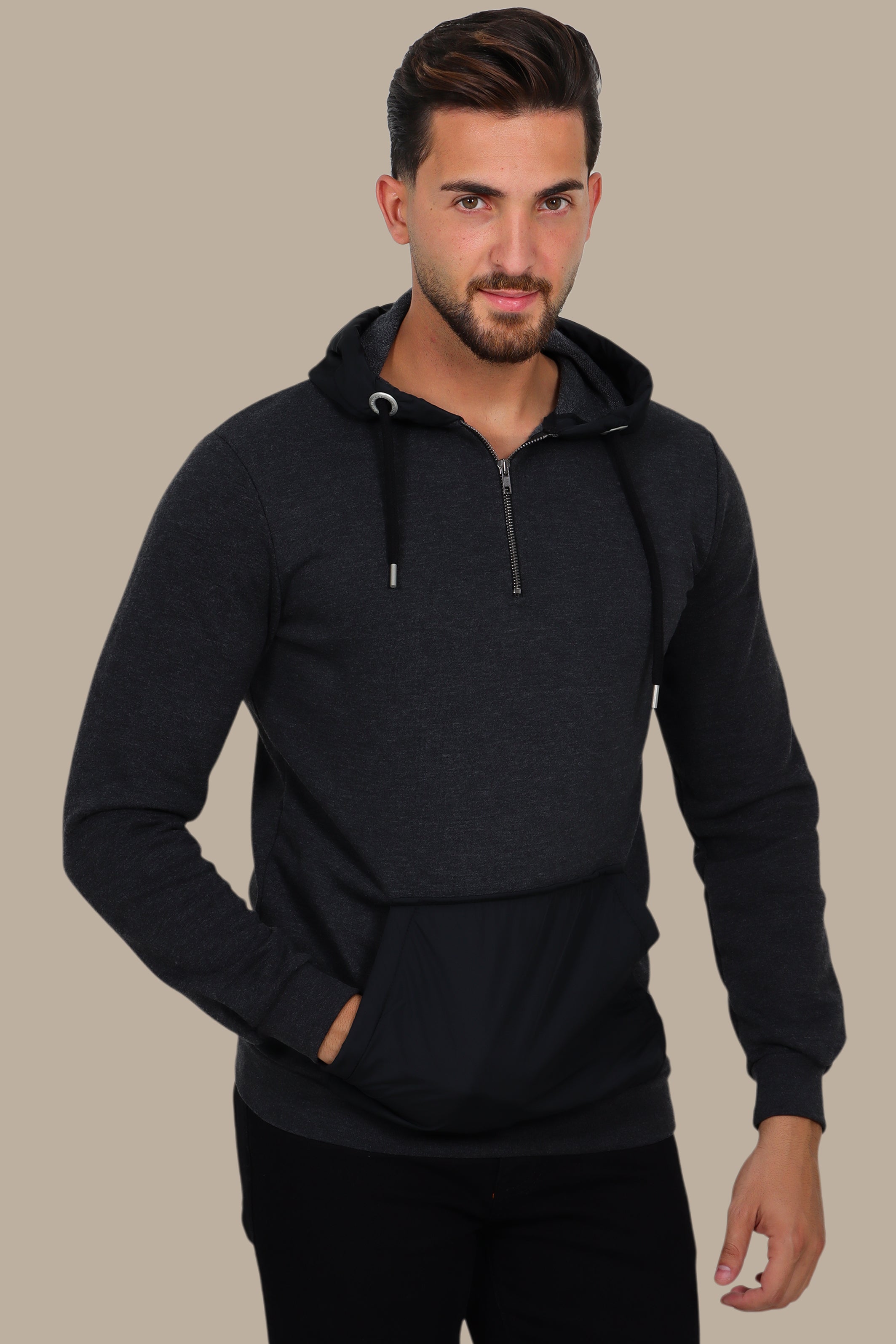 Sensual Shadows: The Dark Gray Hooded Sensation in Luxe Mix Fabric
