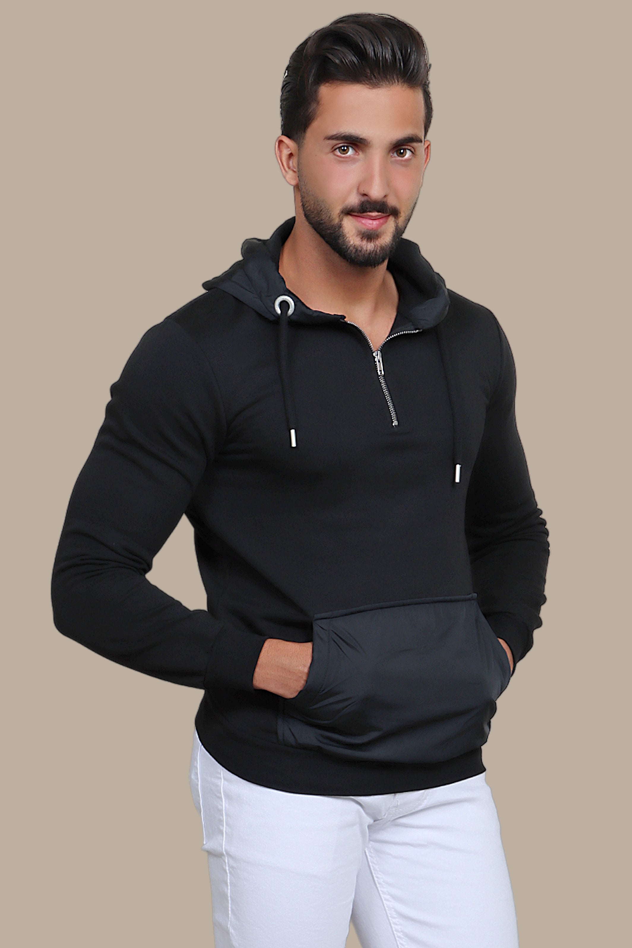 Midnight Elegance: The Black Mix Fabric Hooded Sweatshirt