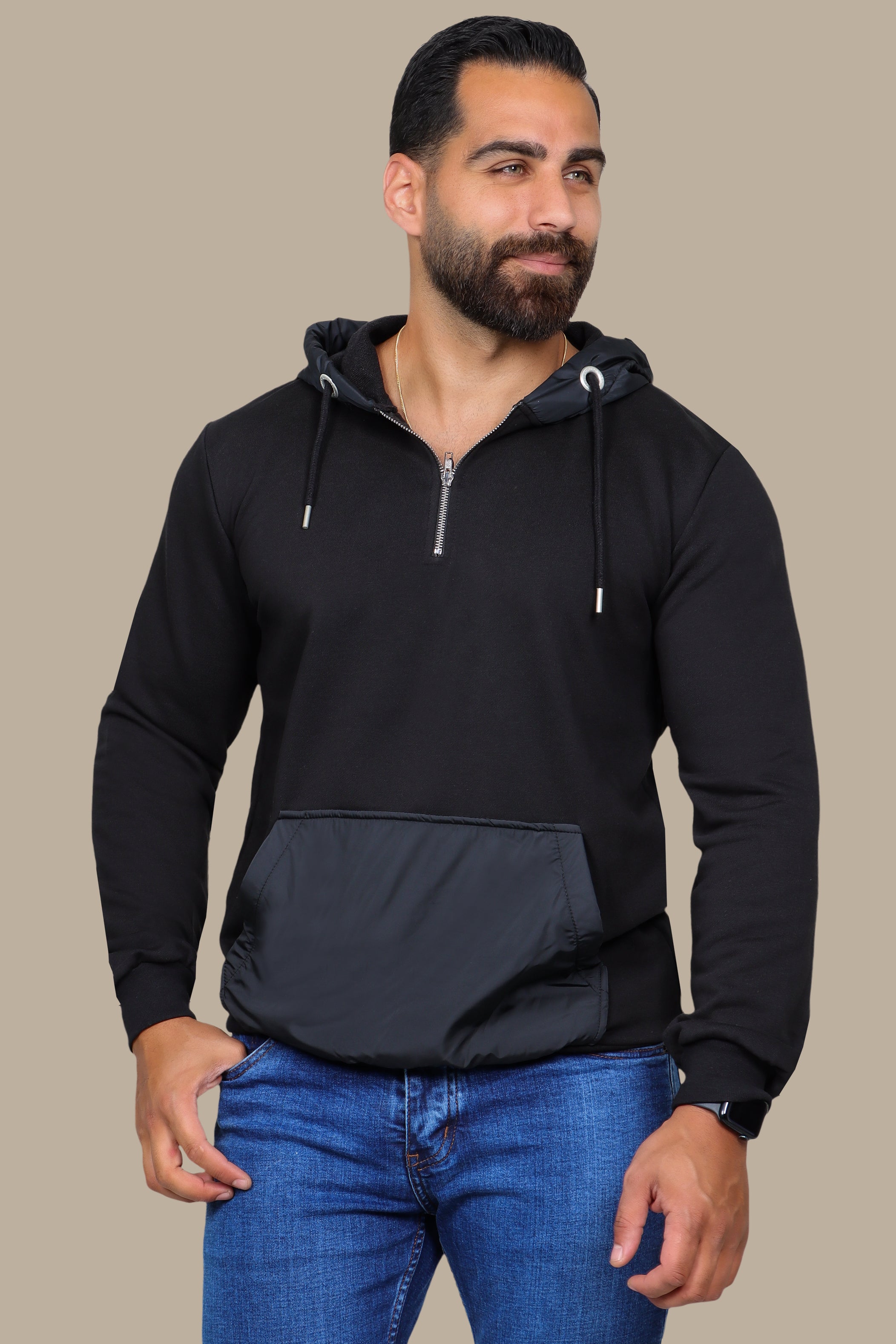 Midnight Elegance: The Black Mix Fabric Hooded Sweatshirt