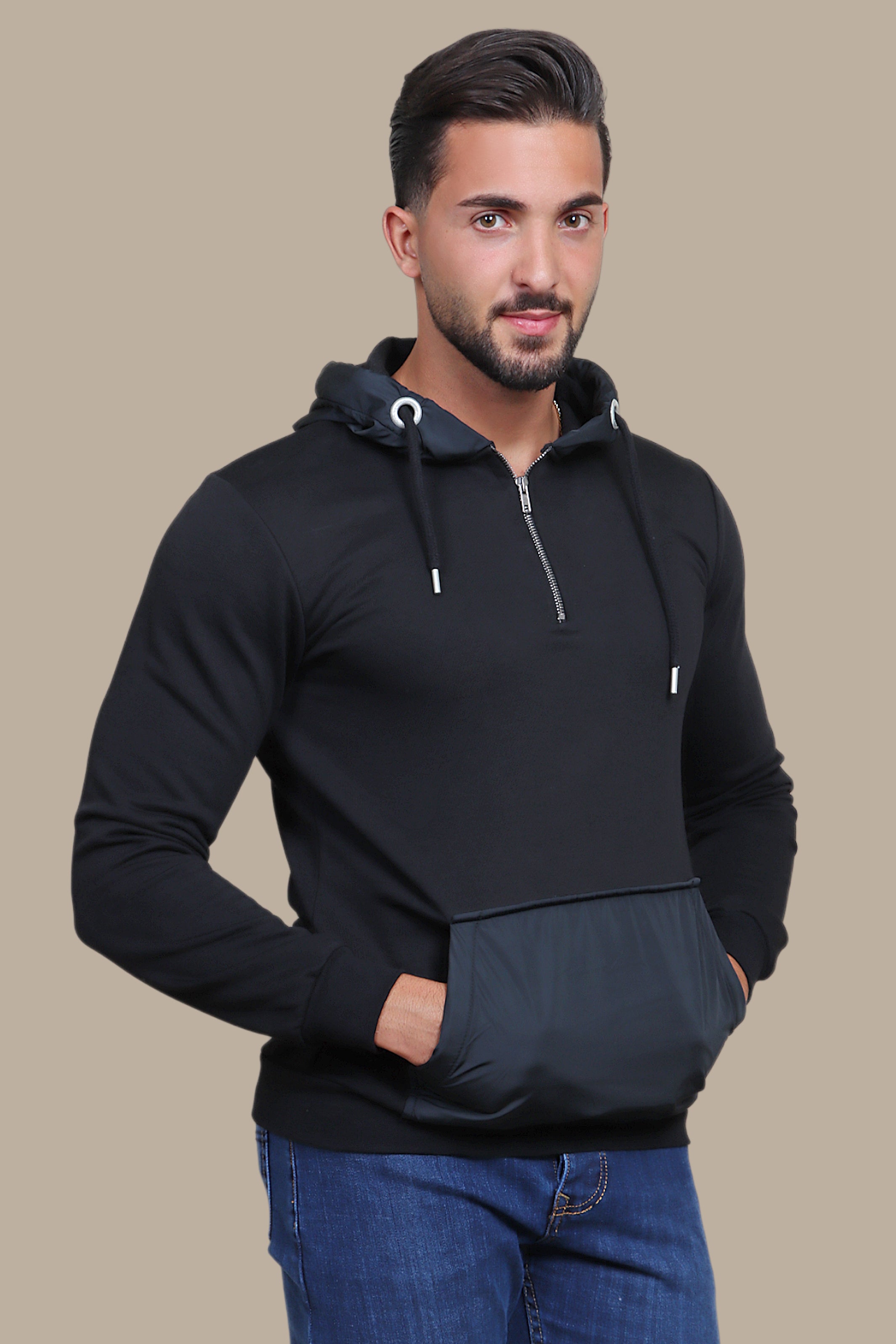 Midnight Elegance: The Black Mix Fabric Hooded Sweatshirt