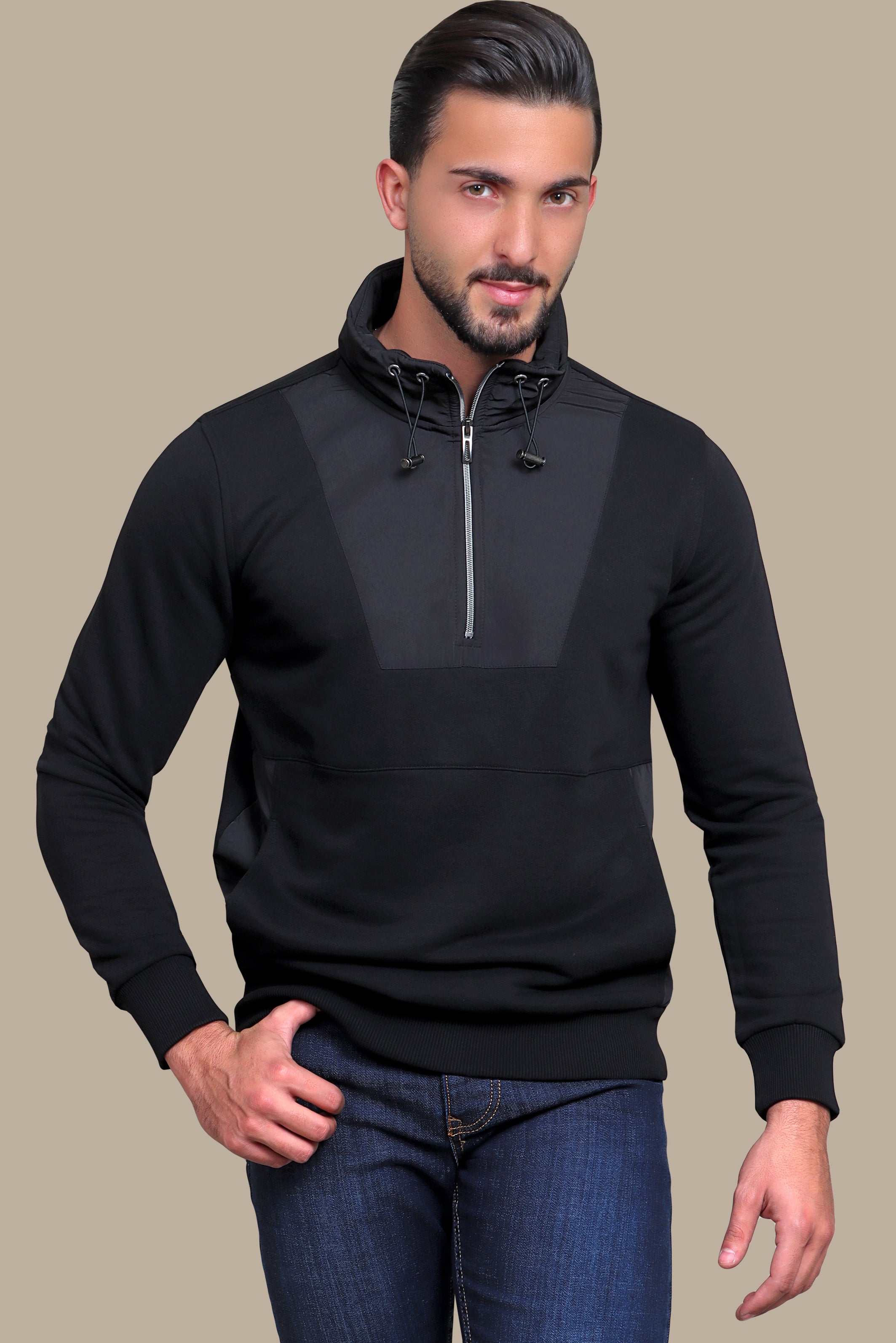 Urban Fusion: Black Half-Zip Sweatshirt with Mixed Fabric