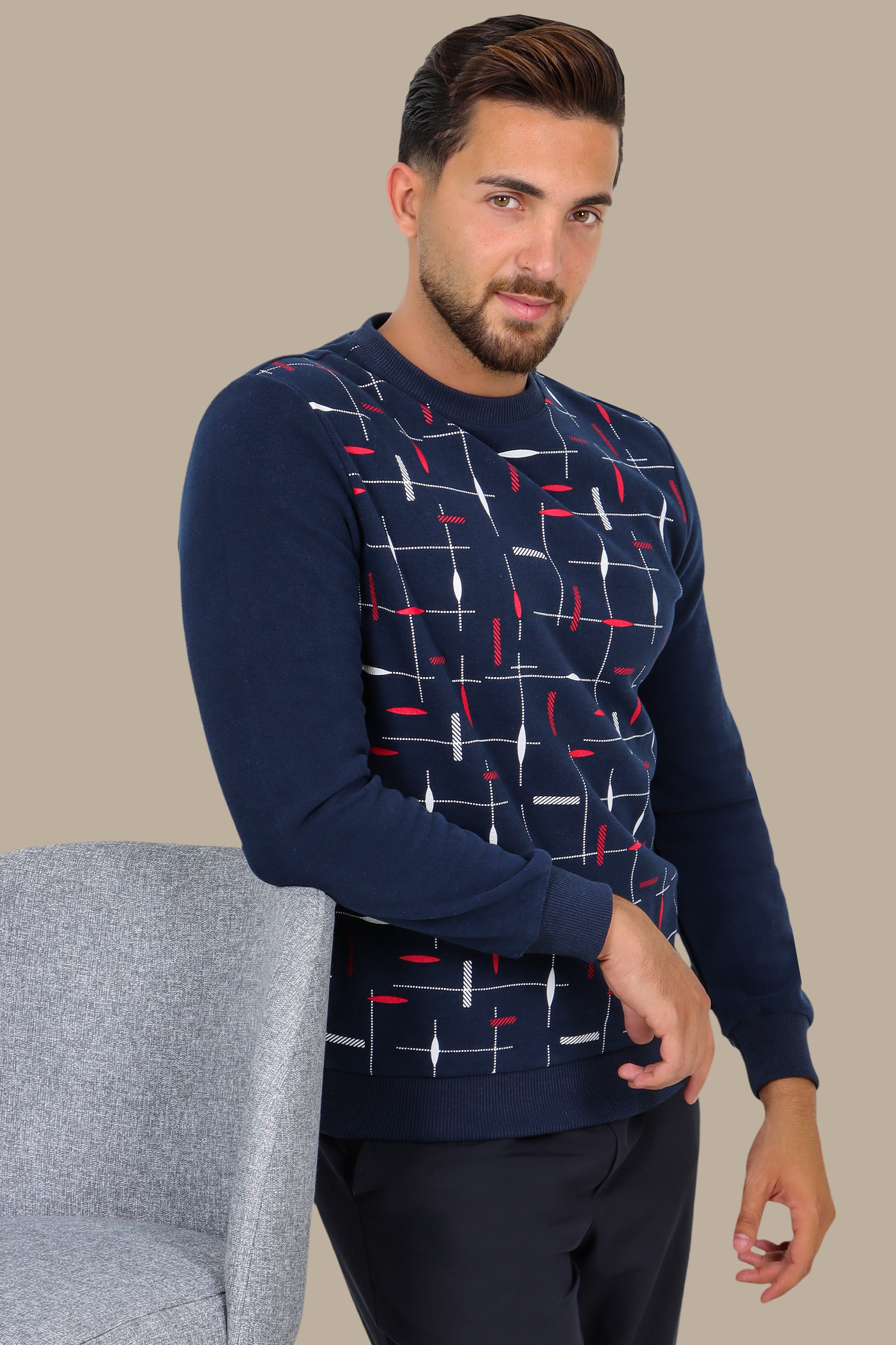 Trendy Appeal: Navy Sweatshirt with Colorful Printed Lines