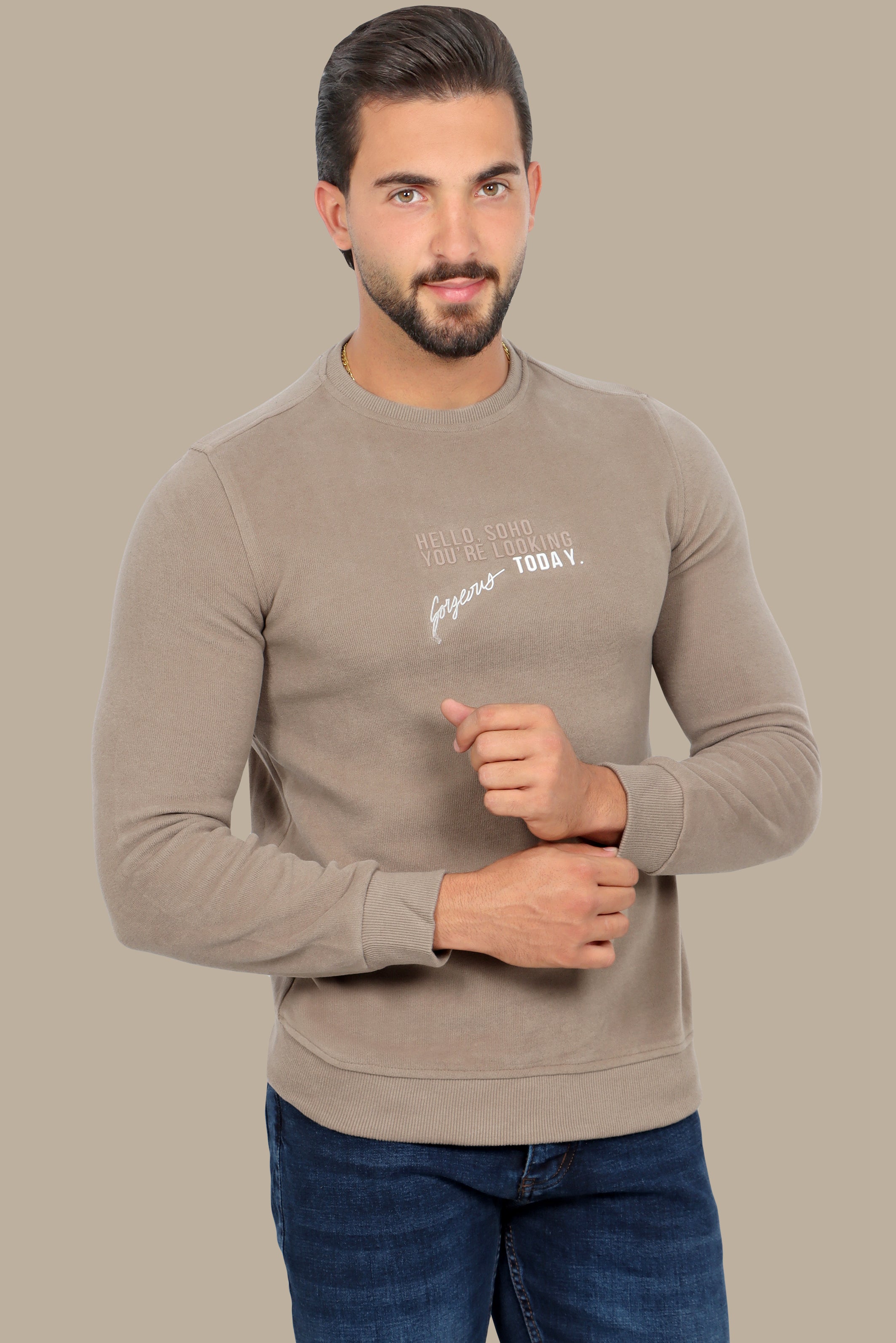 Urban Vibes: Beige Round Neck Sweatshirt with SOHO Print