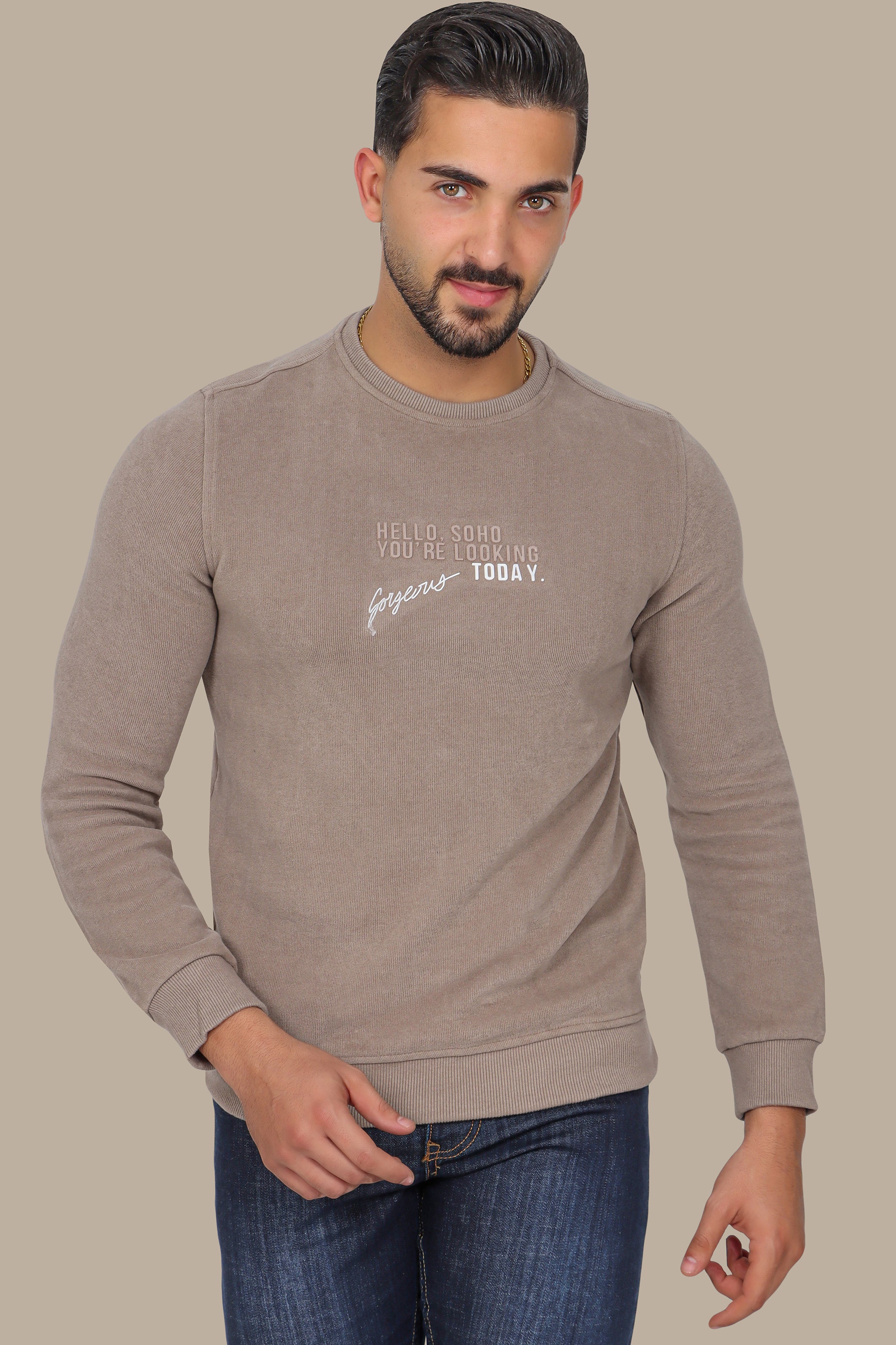 Urban Vibes: Beige Round Neck Sweatshirt with SOHO Print