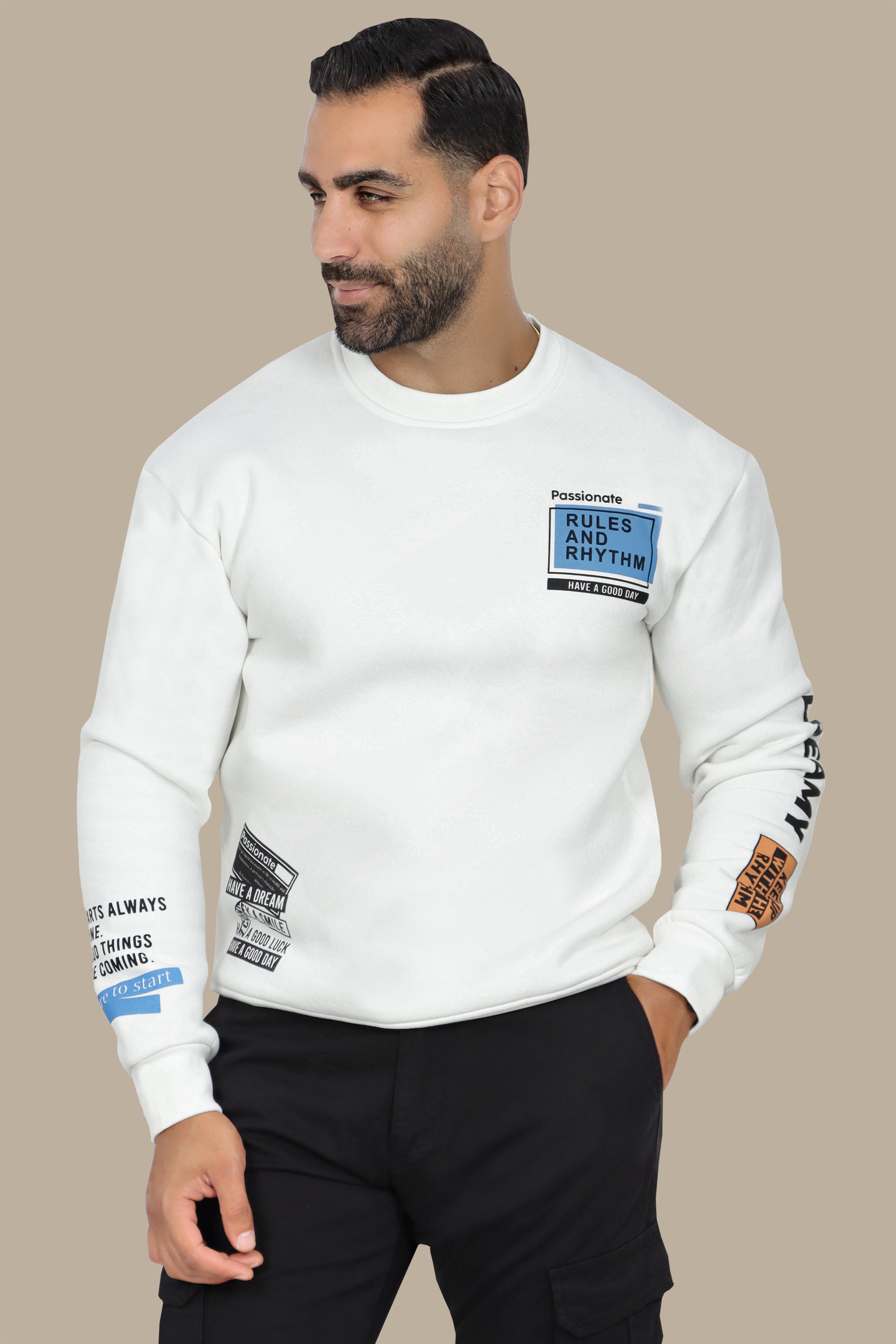 White Sweatshirt with Double Square Quote Design