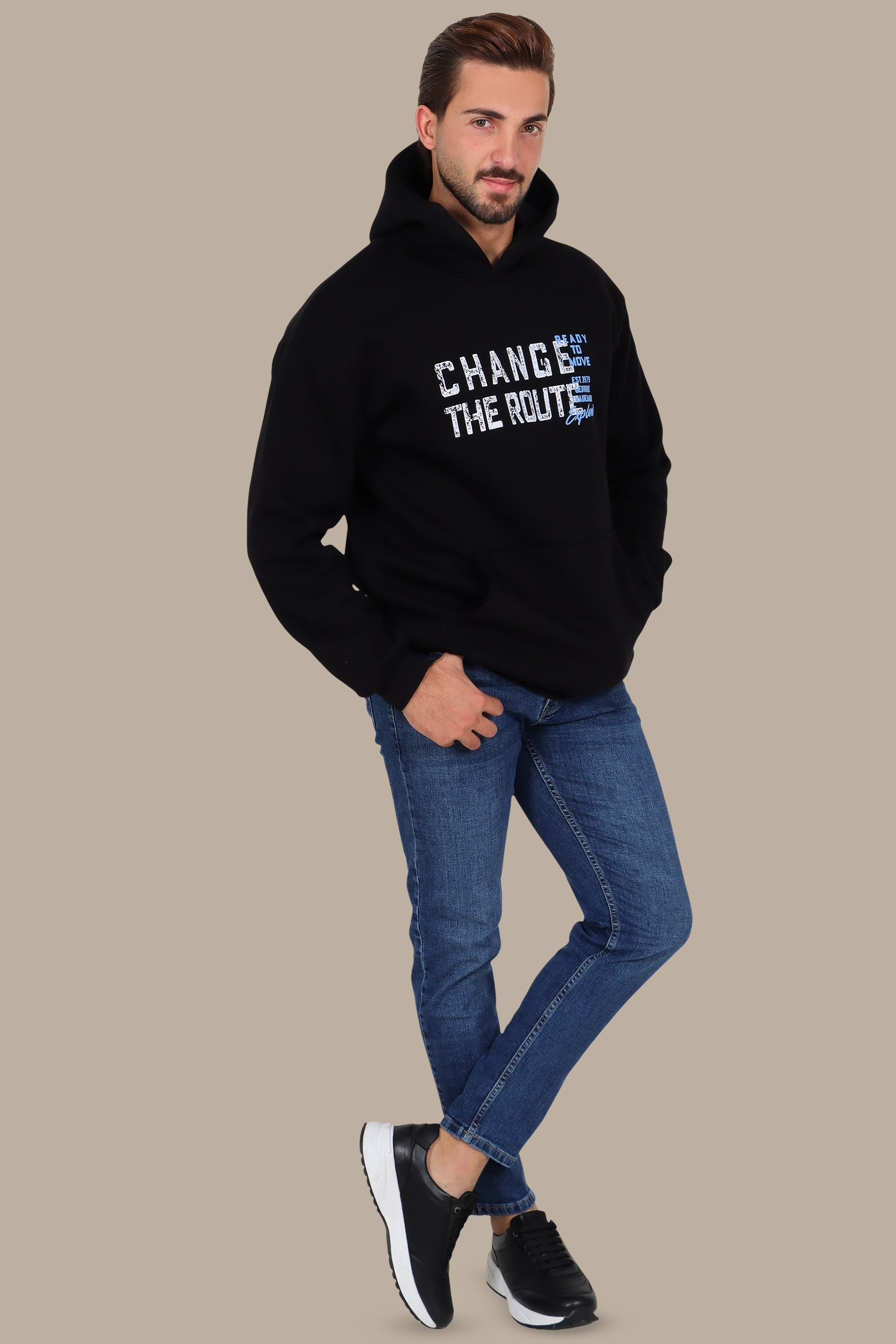Urban Edge: Printed "Change the Route" Hoodie Black