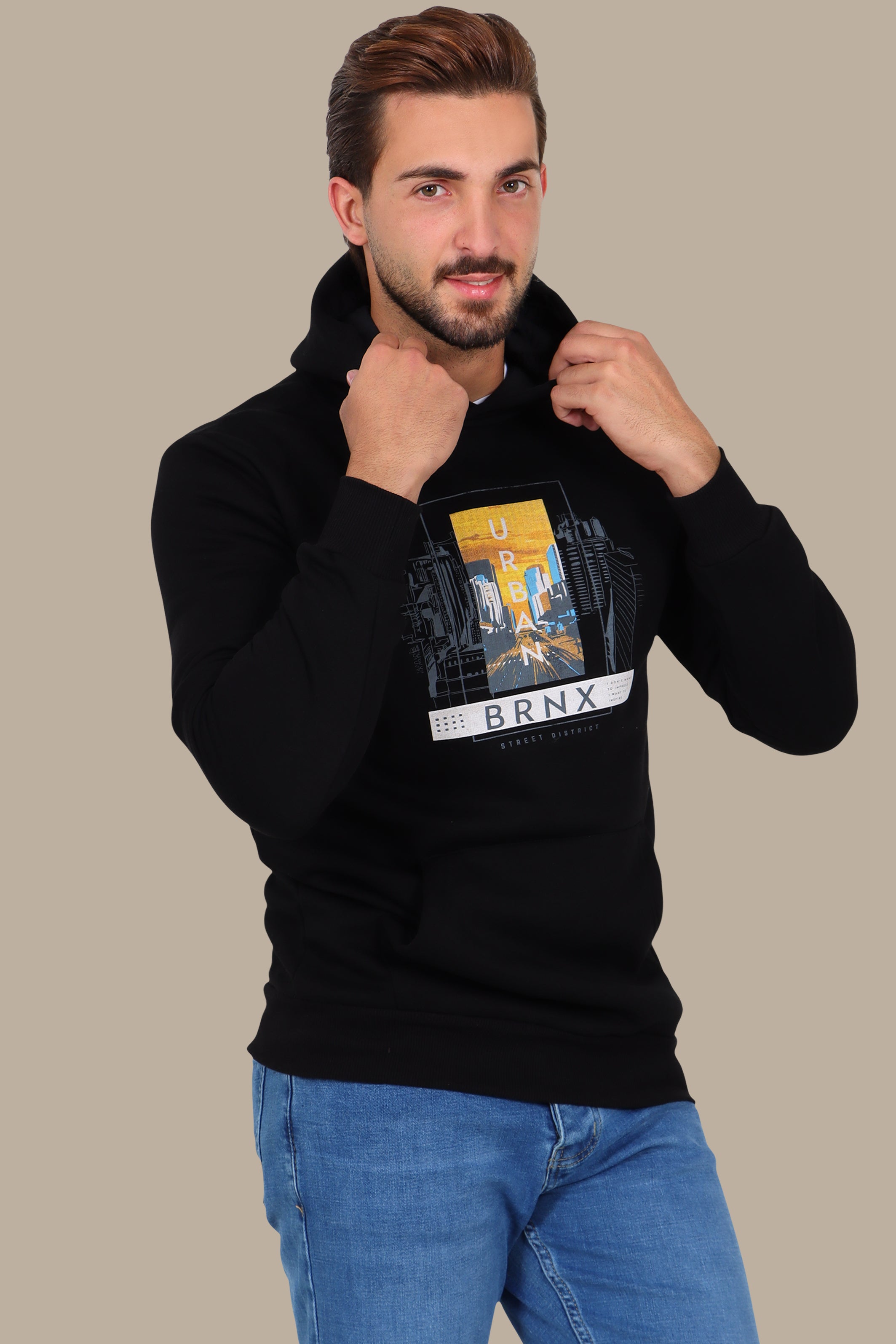 Black Hoodie with Urban Night City Print