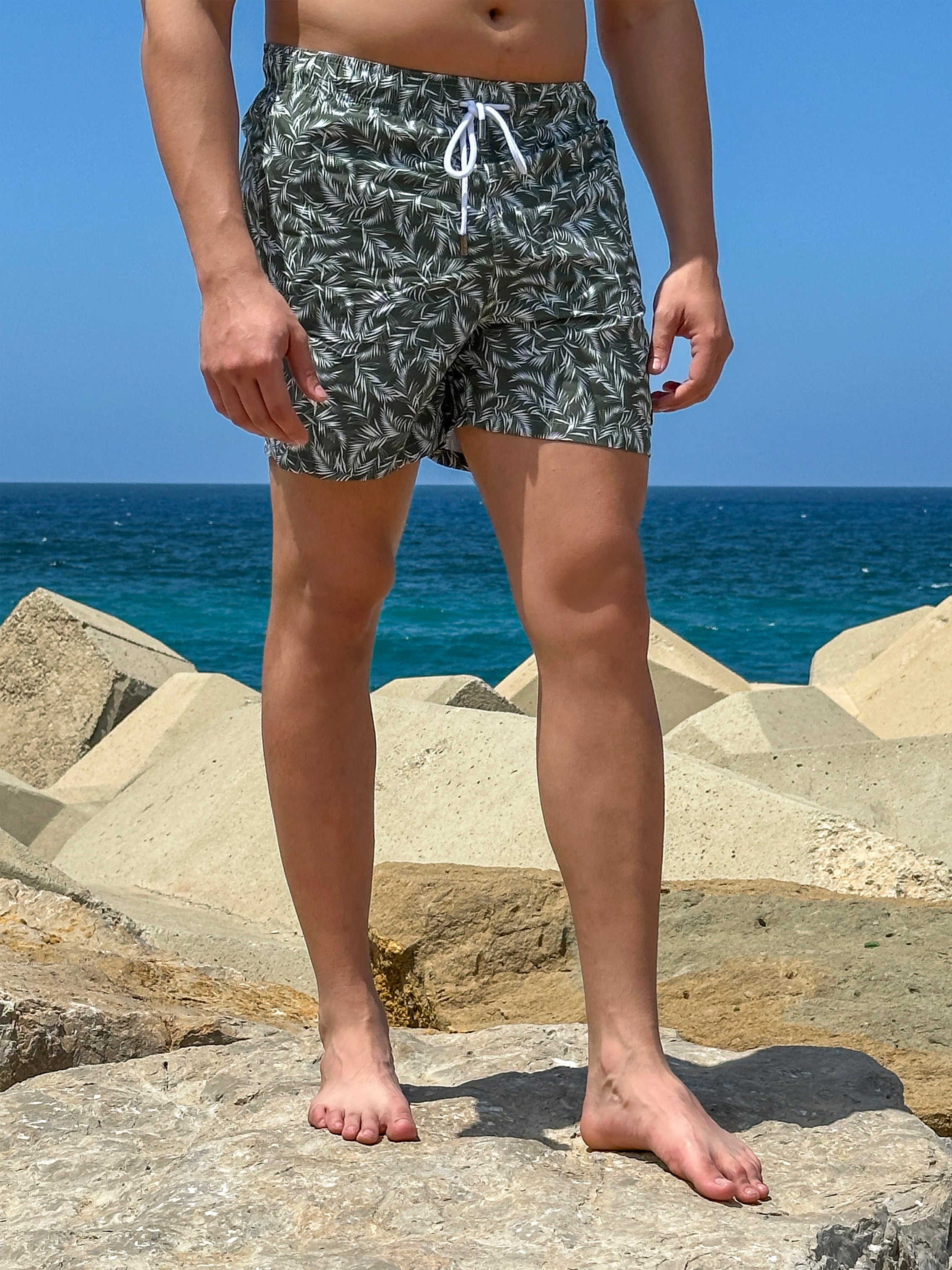 Khaki Leaf-Print Swimwear