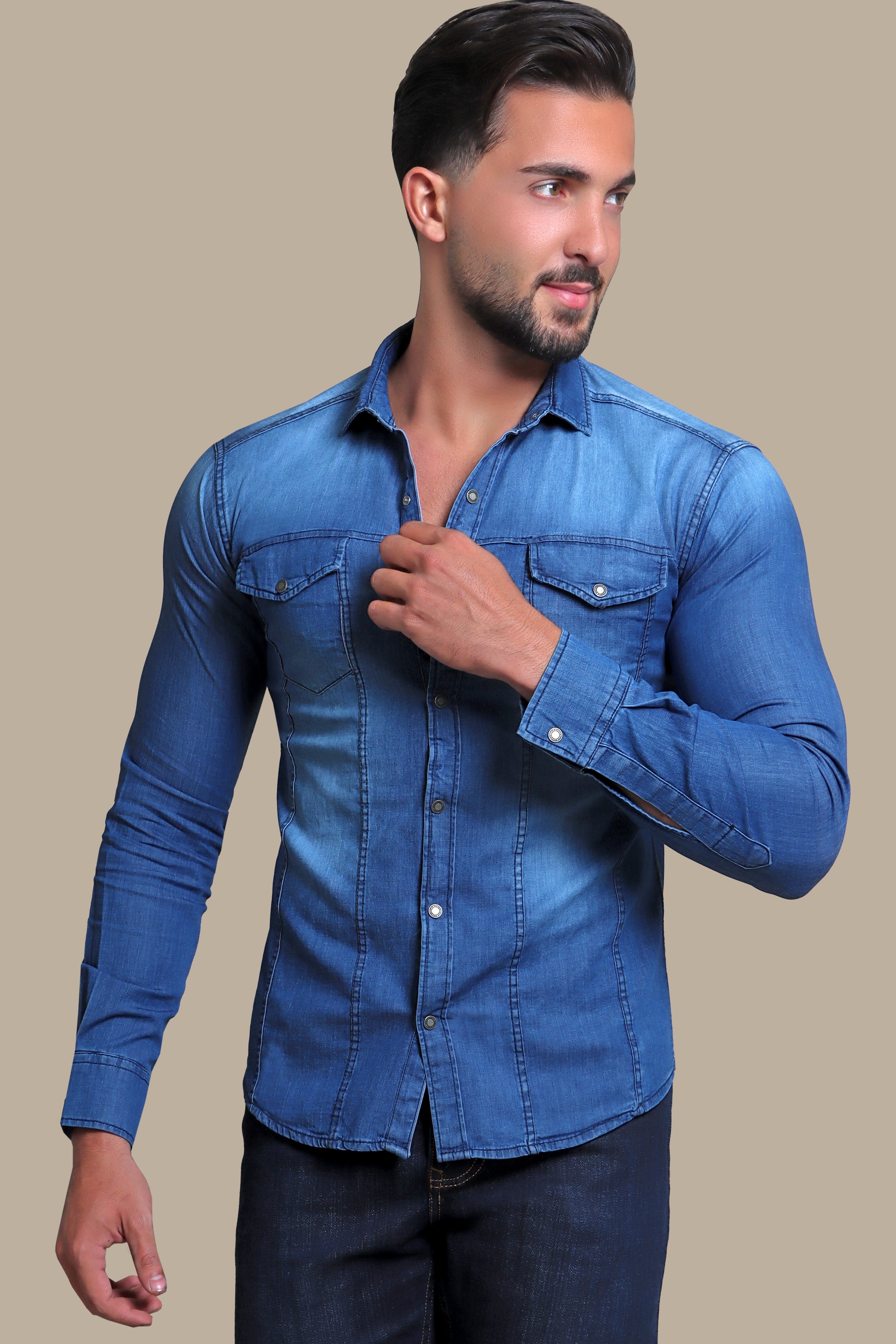 Light Blue Denim Shirt with Flap Pockets