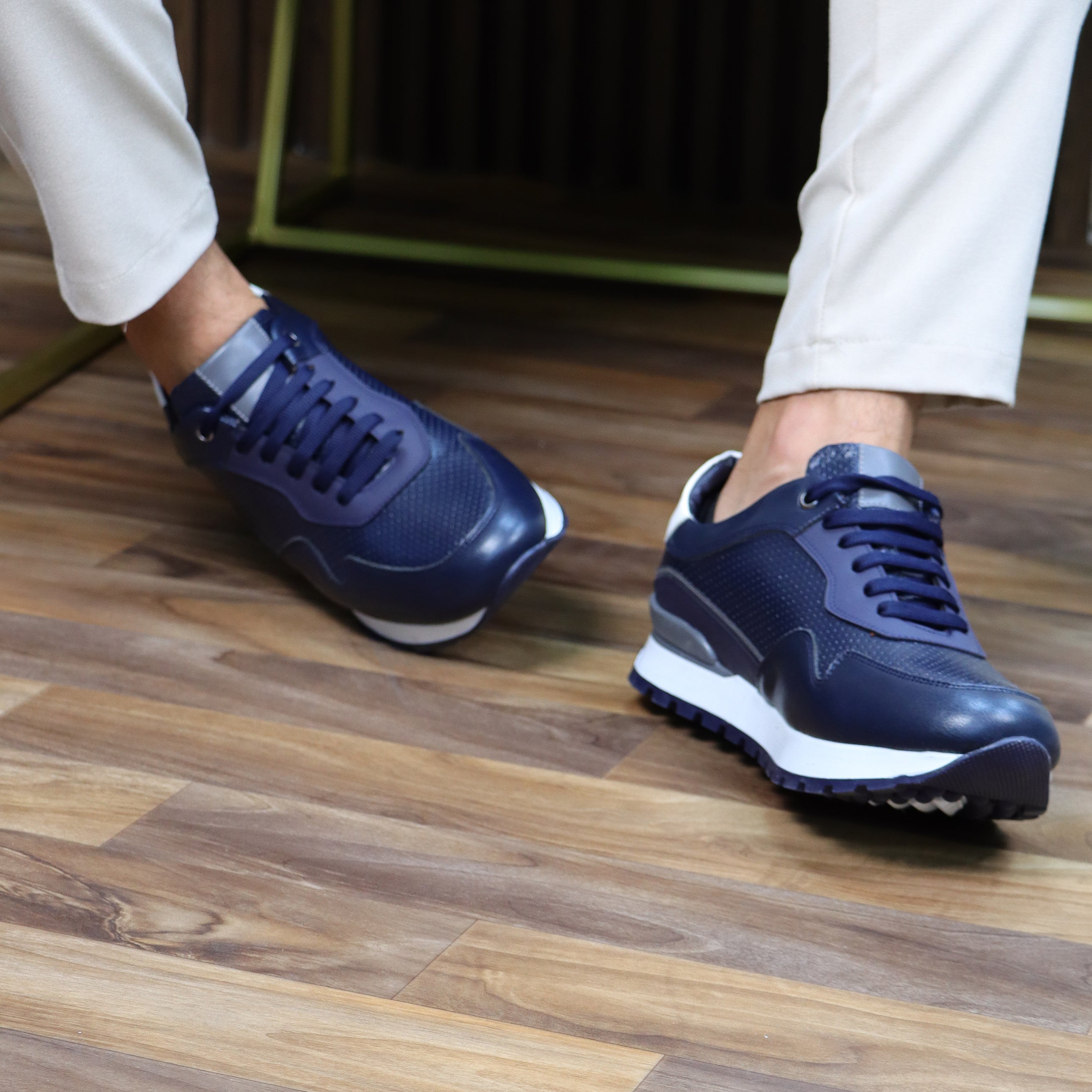 Navy Dotted Leather Casual Trainers
