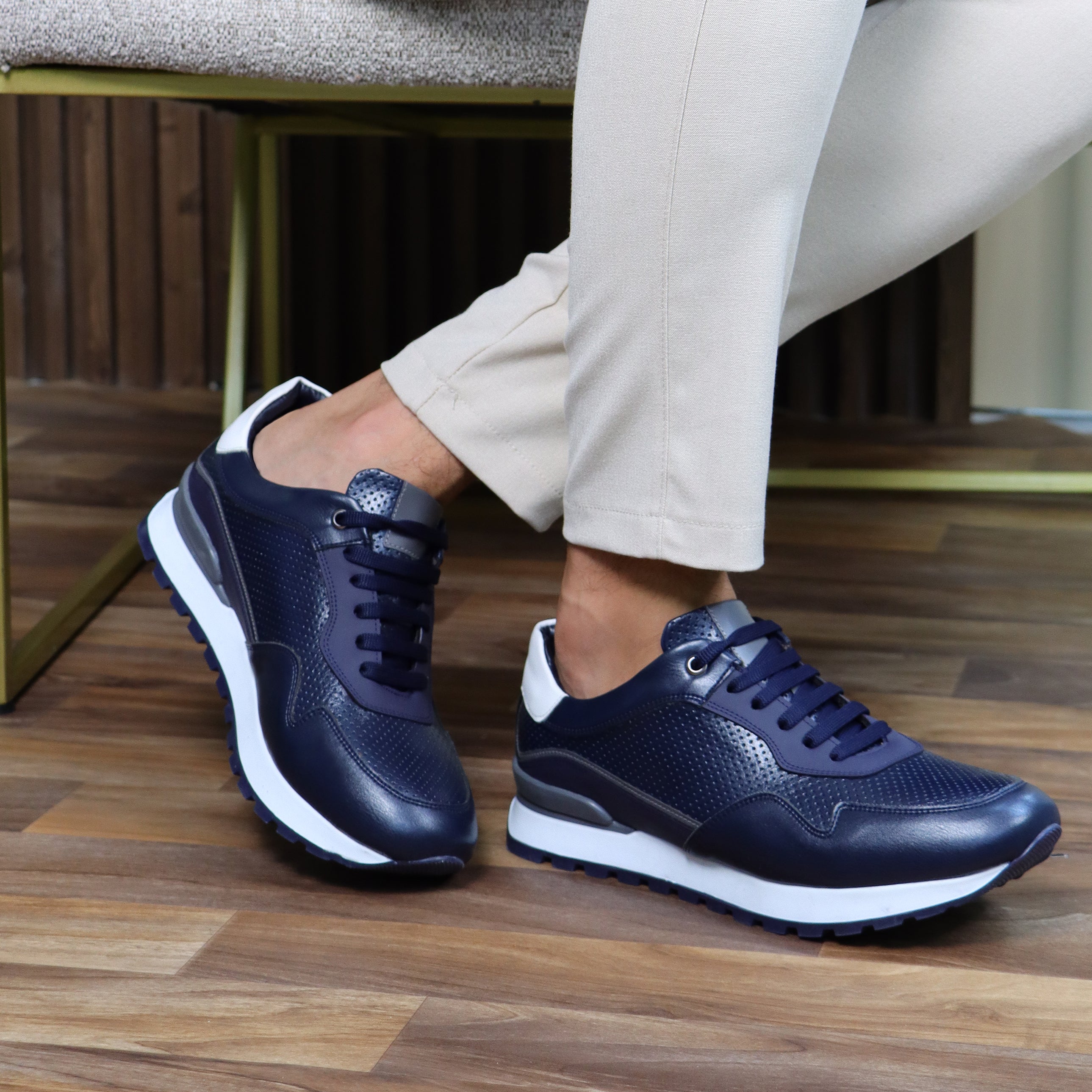 Navy Dotted Leather Casual Trainers