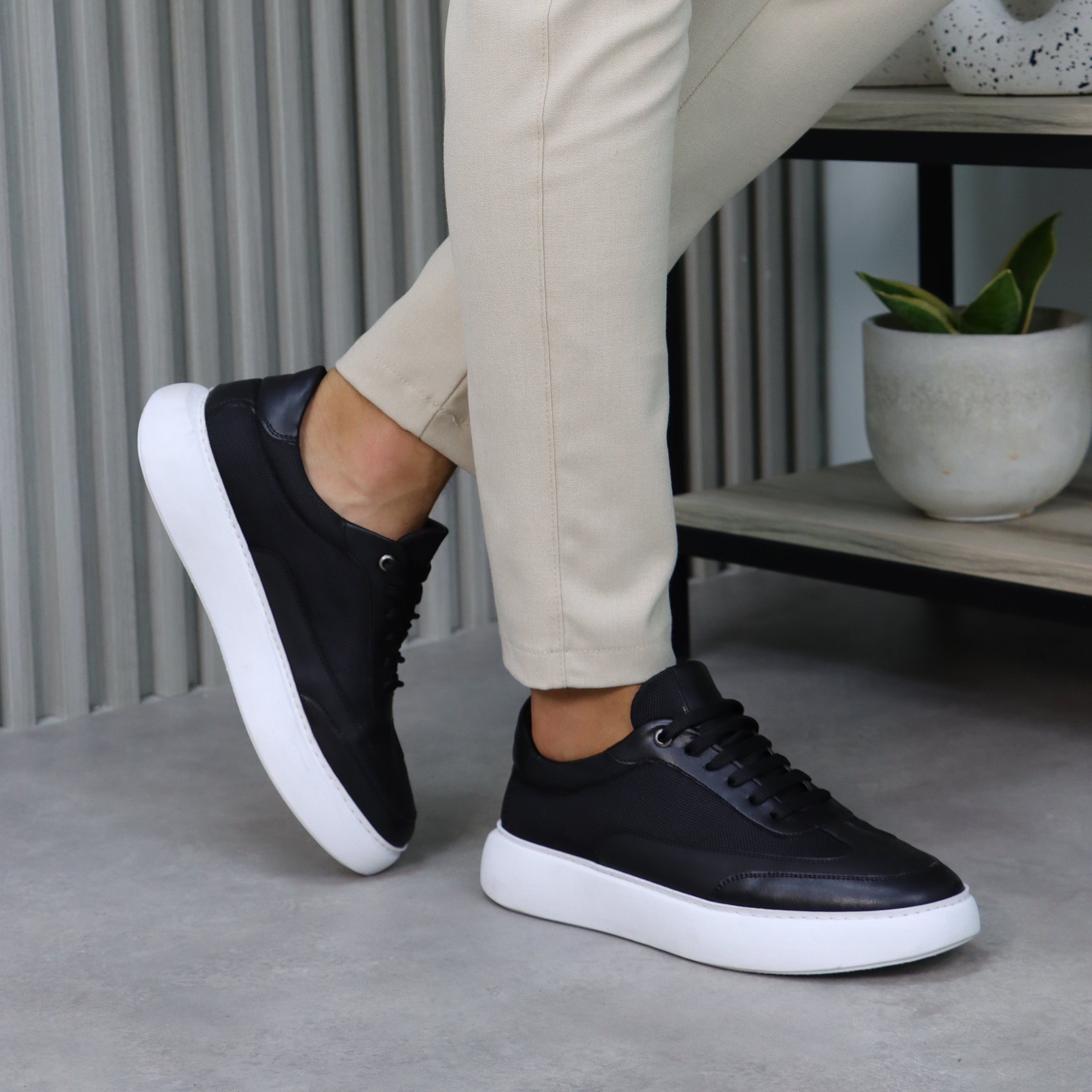 Chunky Black Leather Sneakers with White Sole