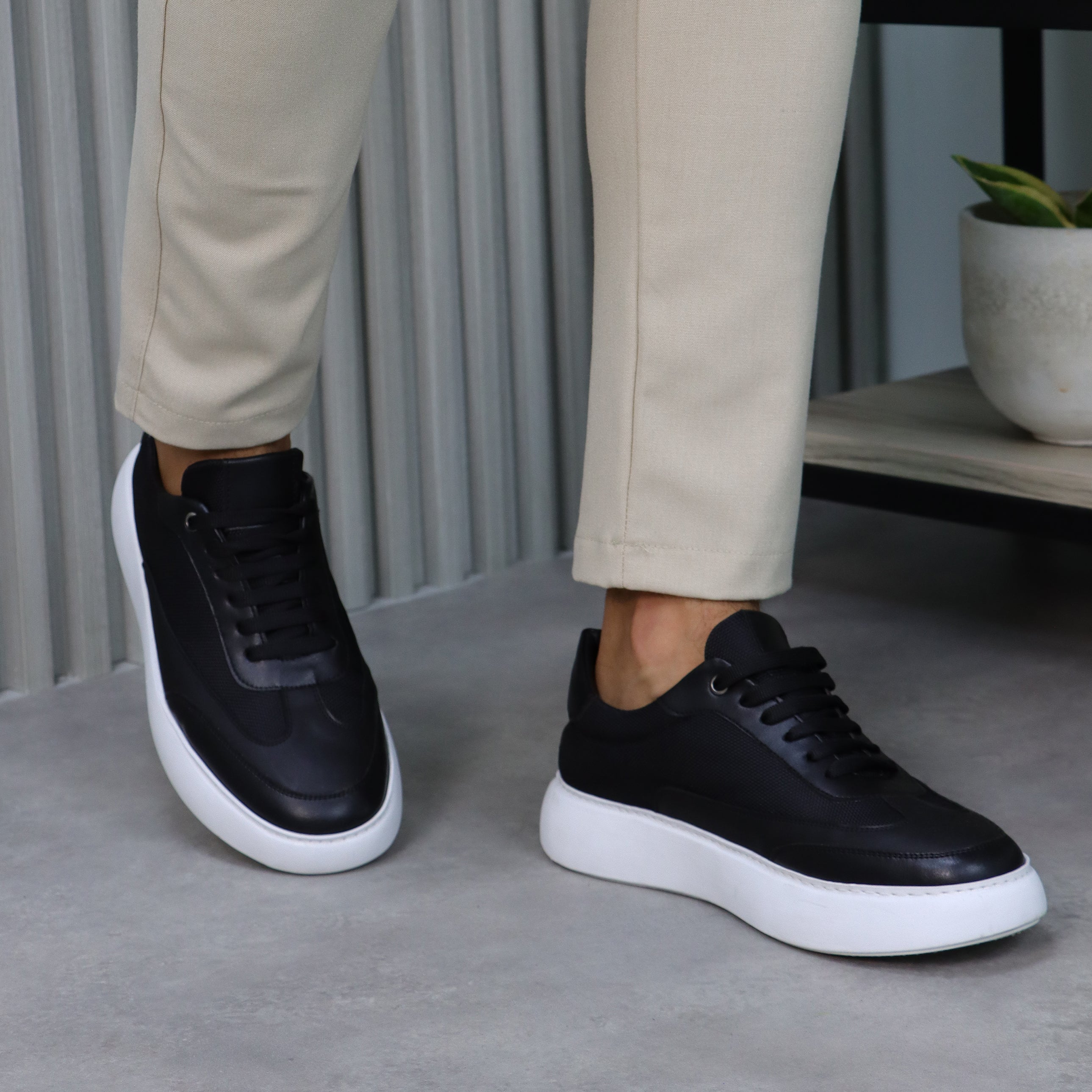 Chunky Black Leather Sneakers with White Sole