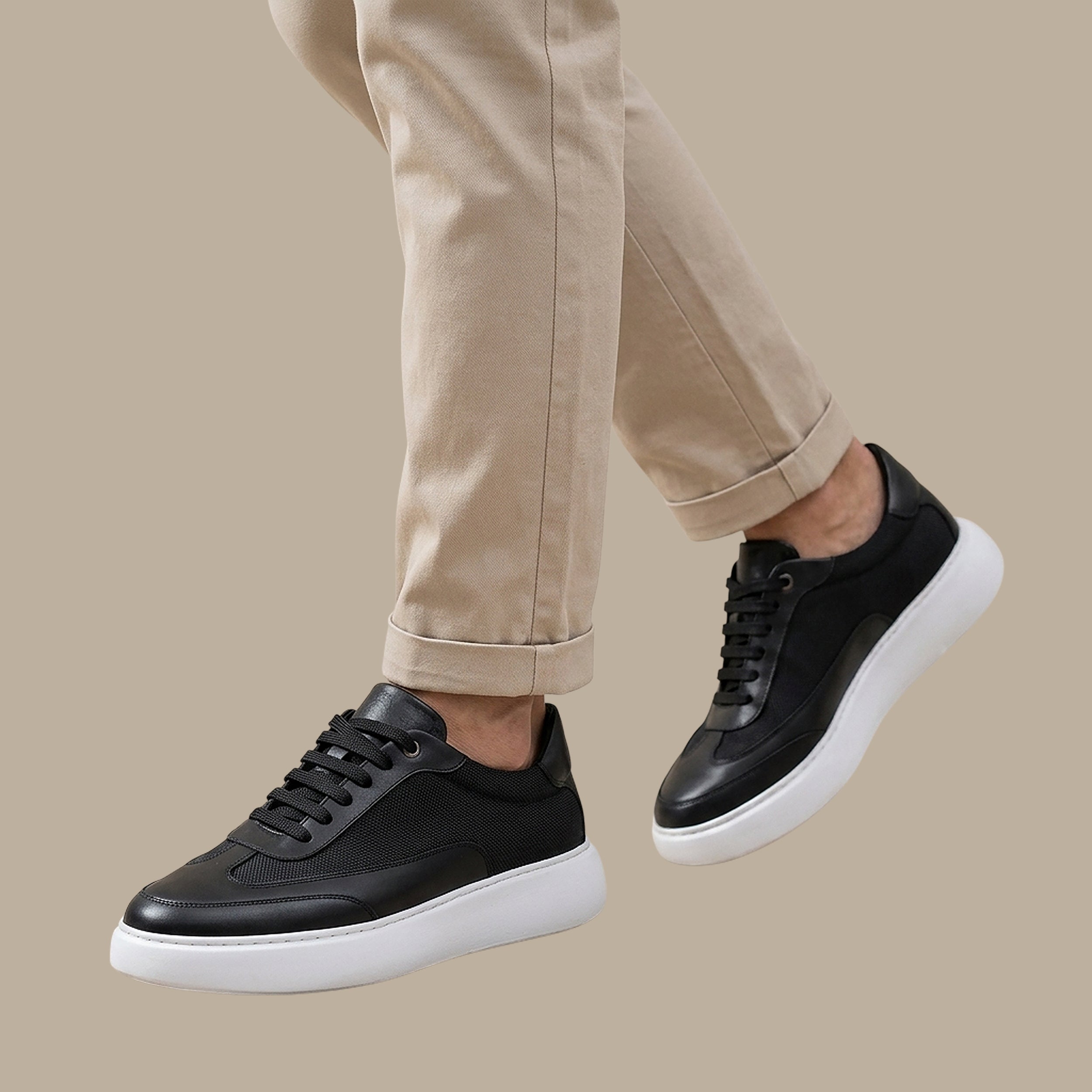 Chunky Black Leather Sneakers with White Sole