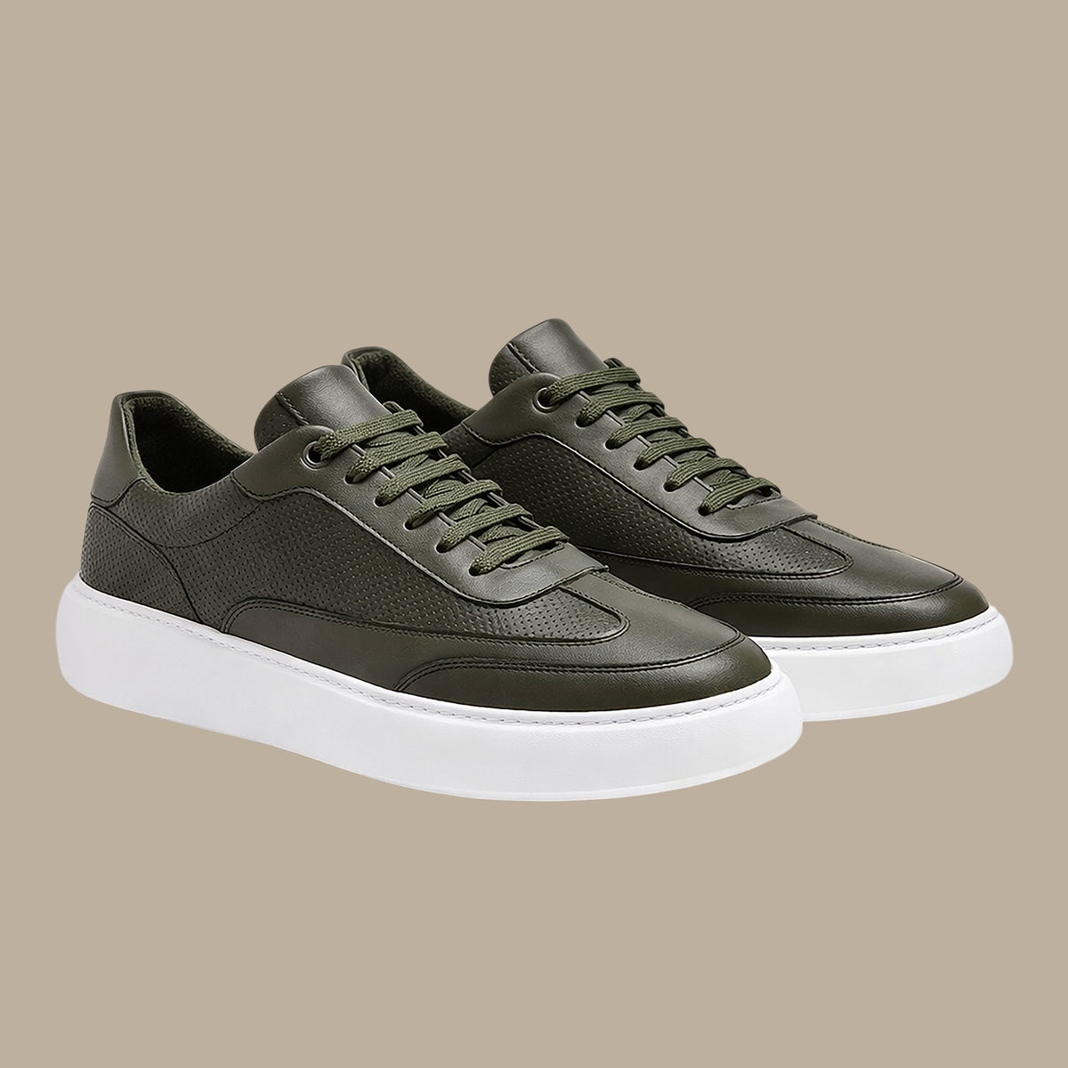Khaki Dotted Leather Sneakers with White Sole