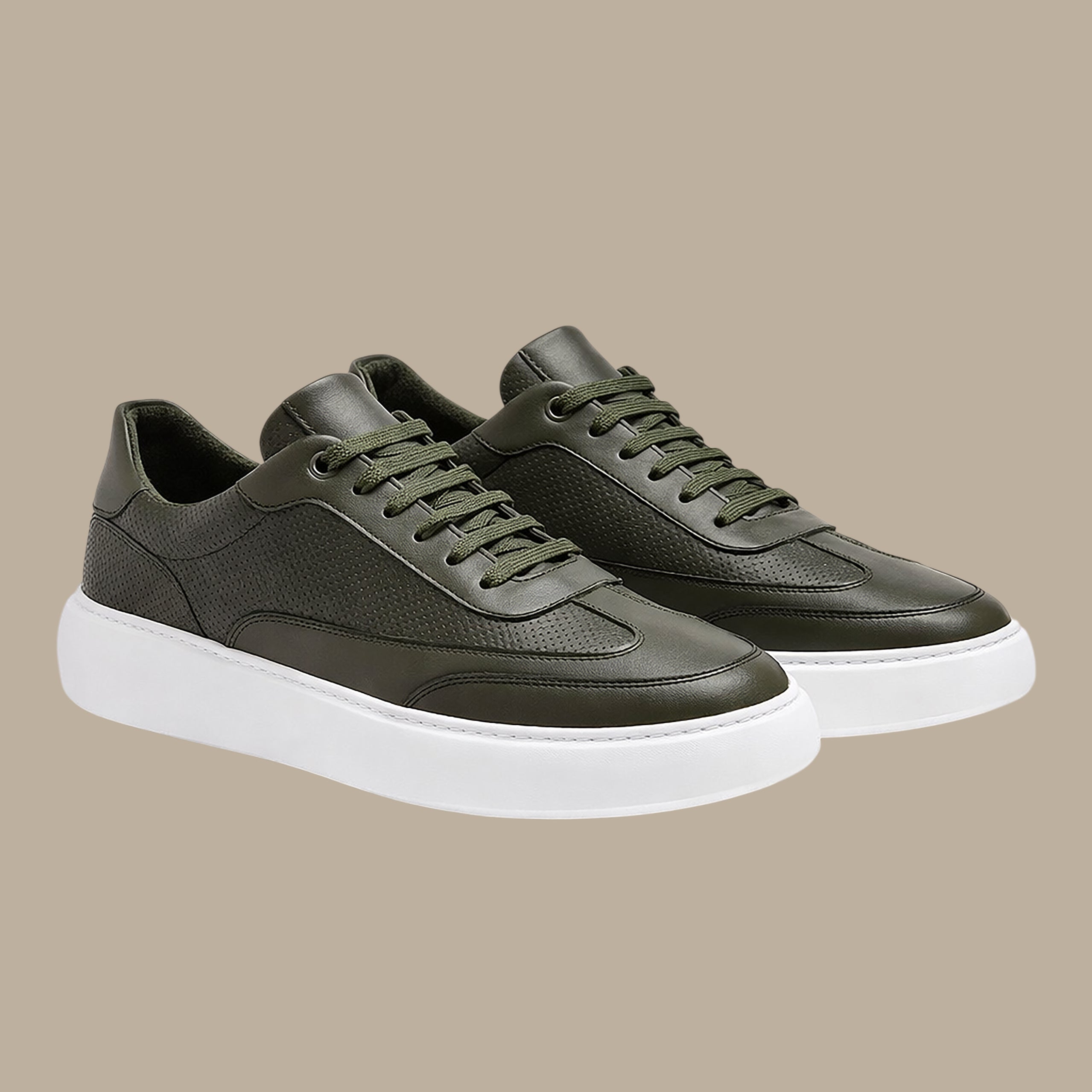 Khaki Dotted Leather Sneakers with White Sole