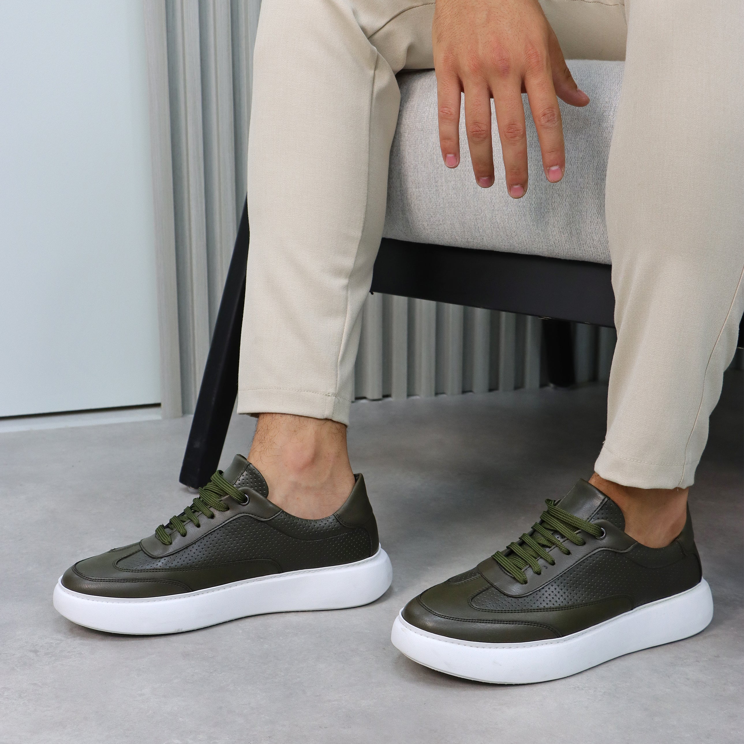 Khaki Dotted Leather Sneakers with White Sole
