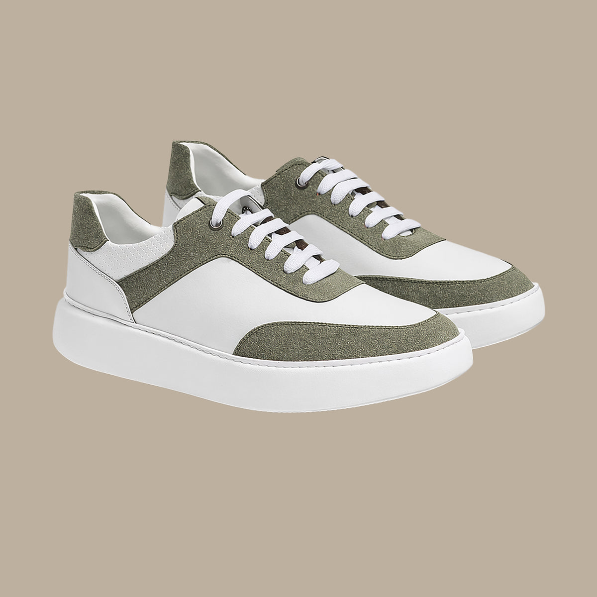 Retro Leather Trainers in Khaki & White