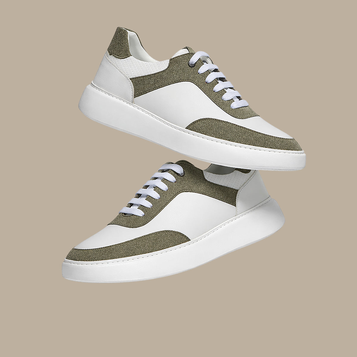 Retro Leather Trainers in Khaki & White