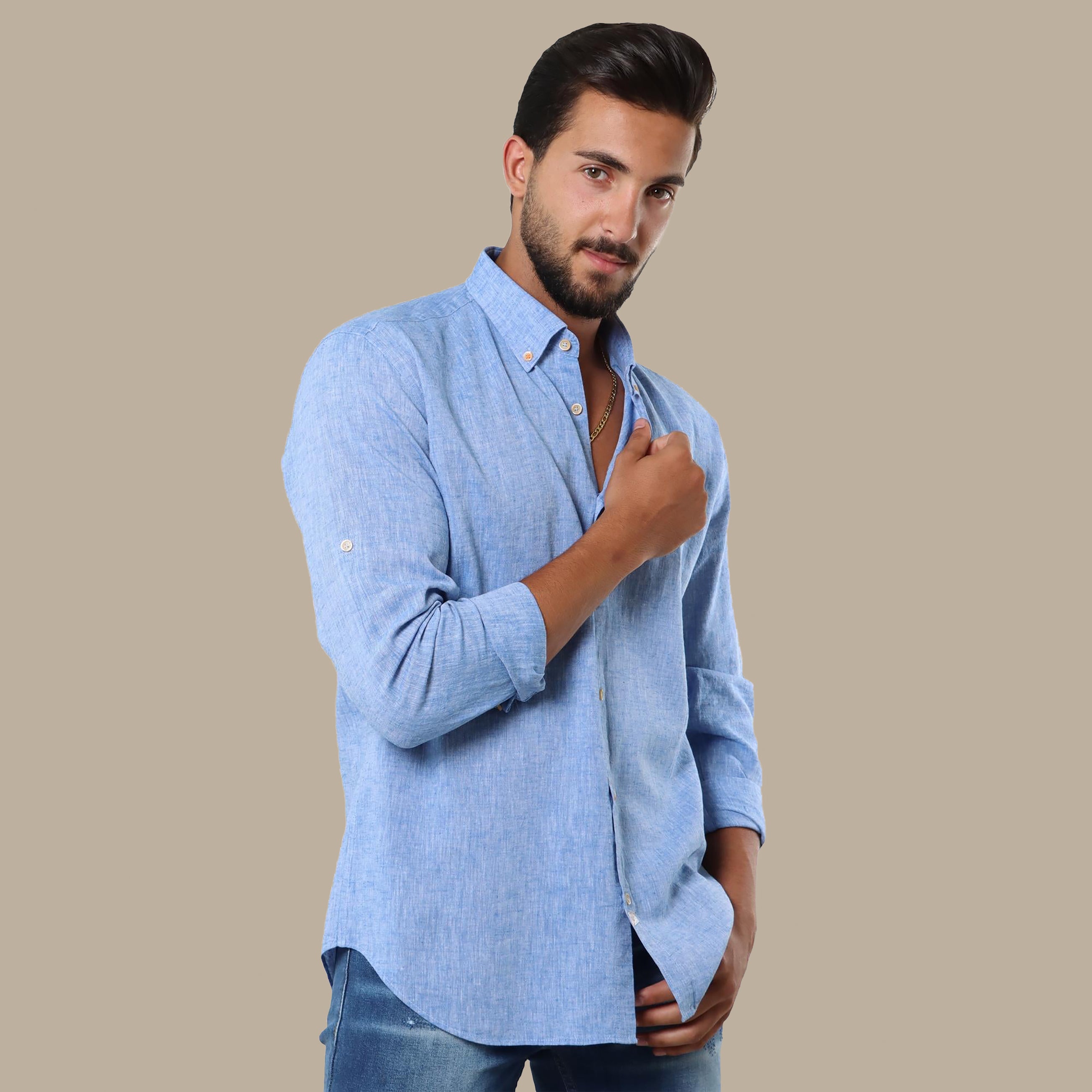 Turquoise Linen Shirt: Classic Collar