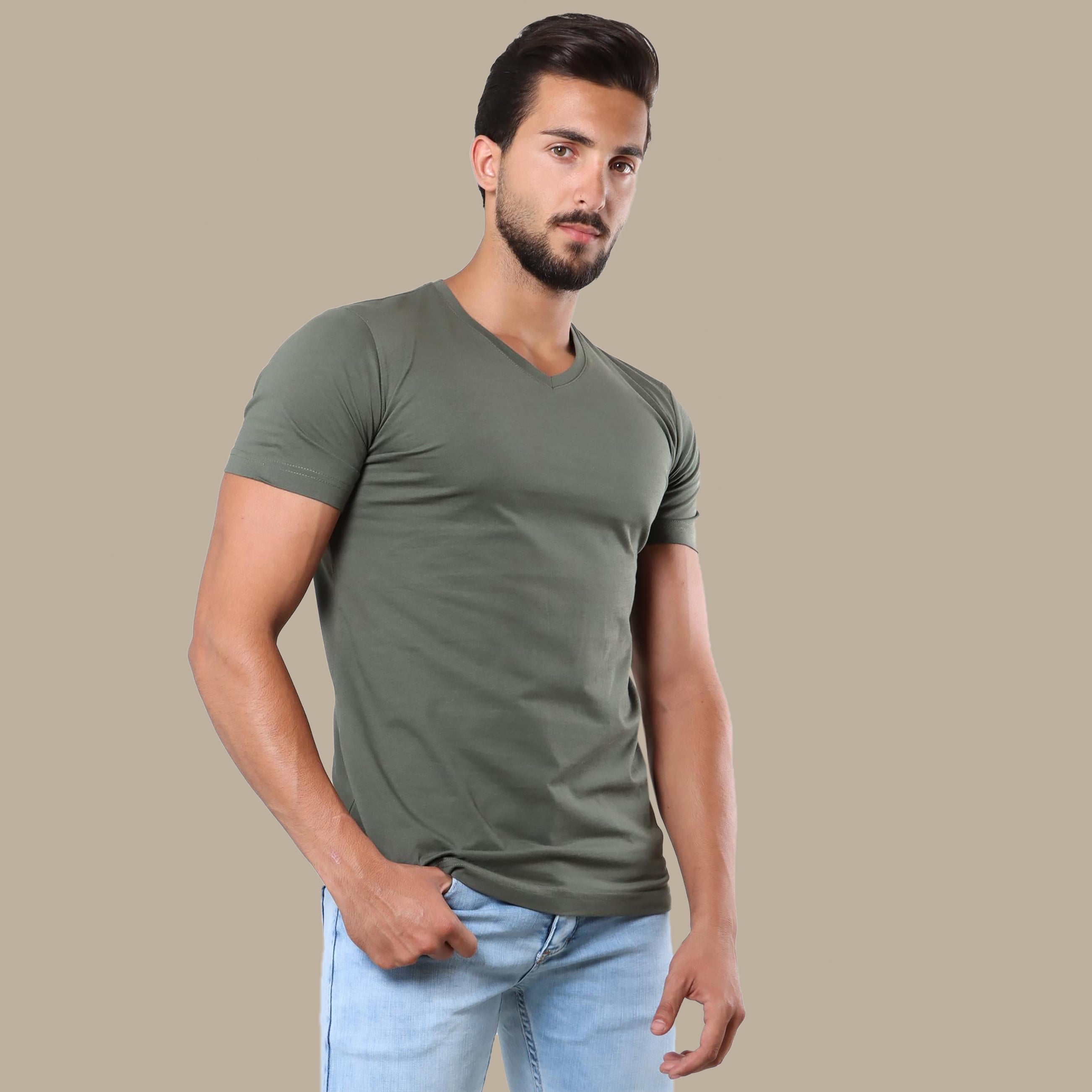 Khaki Basic V-Neck T-Shirt