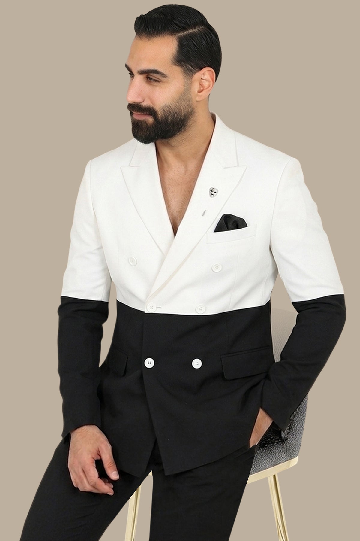 FV Half Black Half White Suit with Wide Peak Lapel