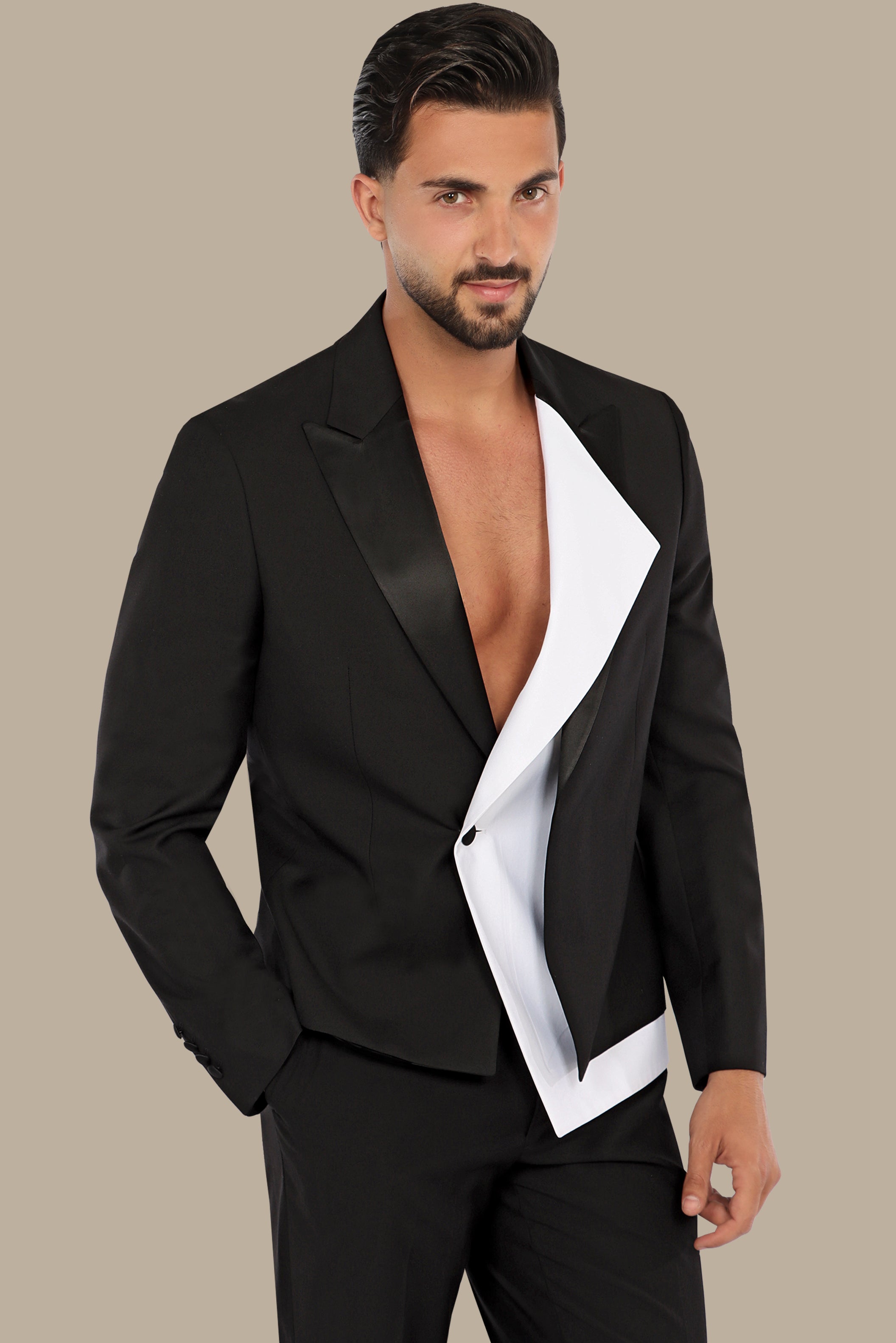 Black Majesty: Tuxedo FV with Double Layer and Crisp White Collar