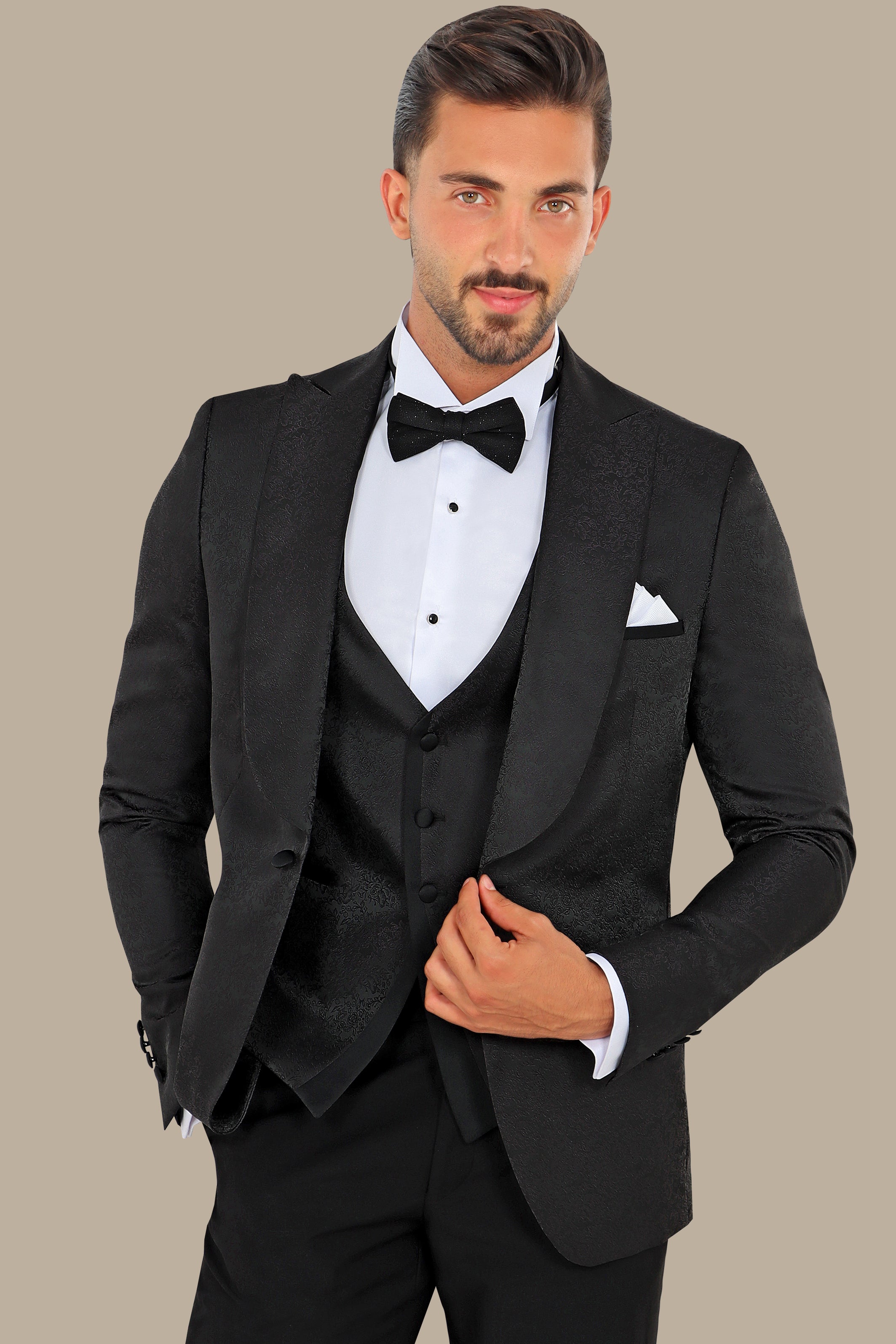 Floral Noir: FV Special Collection Tuxedo Suit in Black