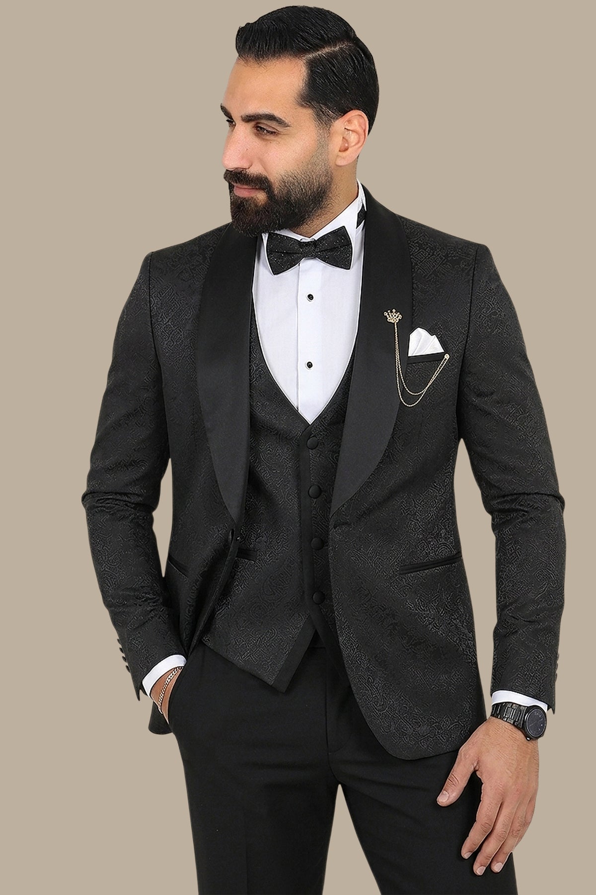 Floral Noir: FV Special Collection Tuxedo Suit in Black