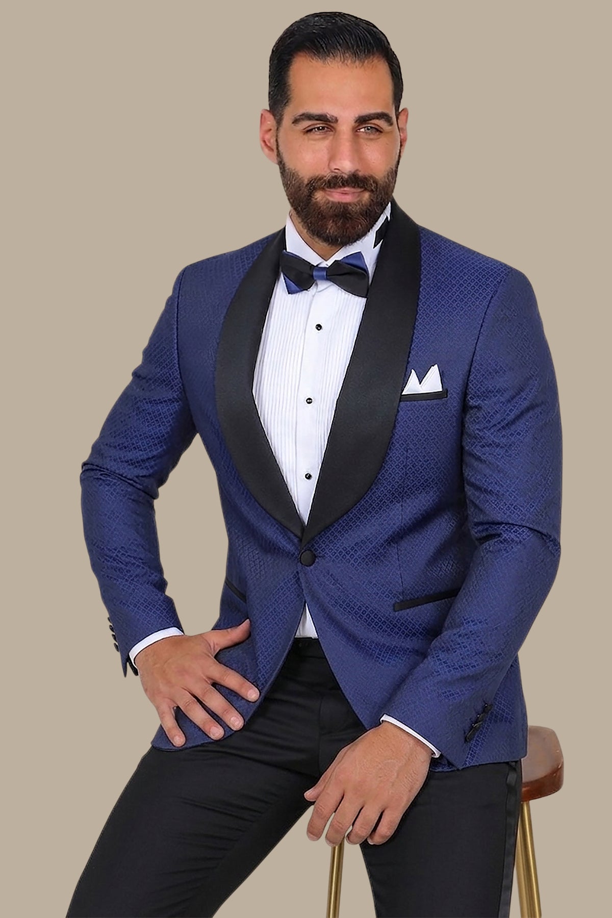 Indigo Elegance: Tuxedo FV Pattern 3-Piece Set