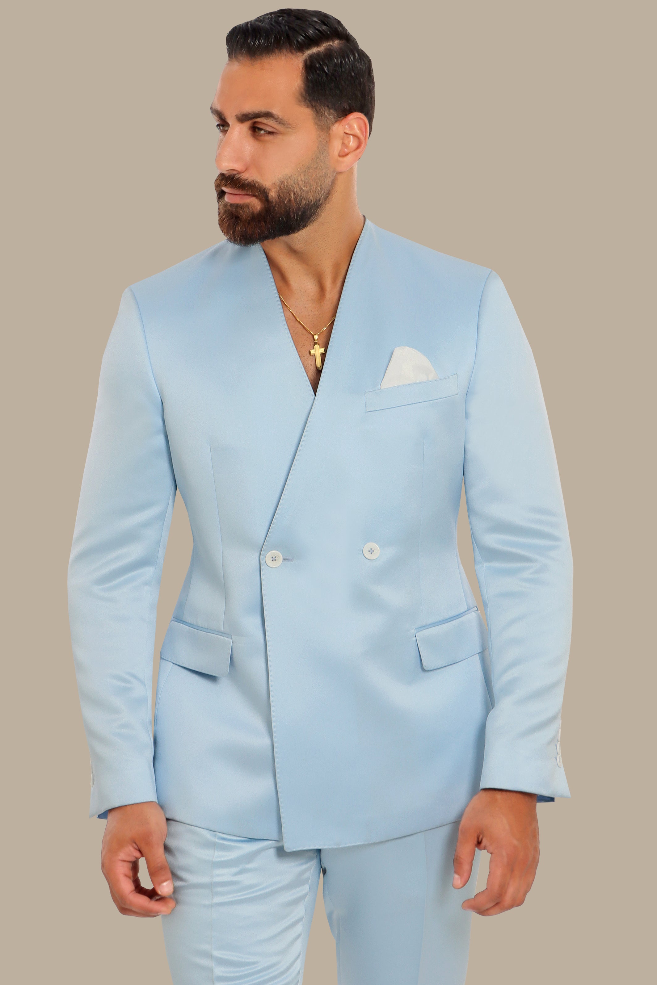 Azure Elegance: Light Blue Satin FV Suit Without Lapel